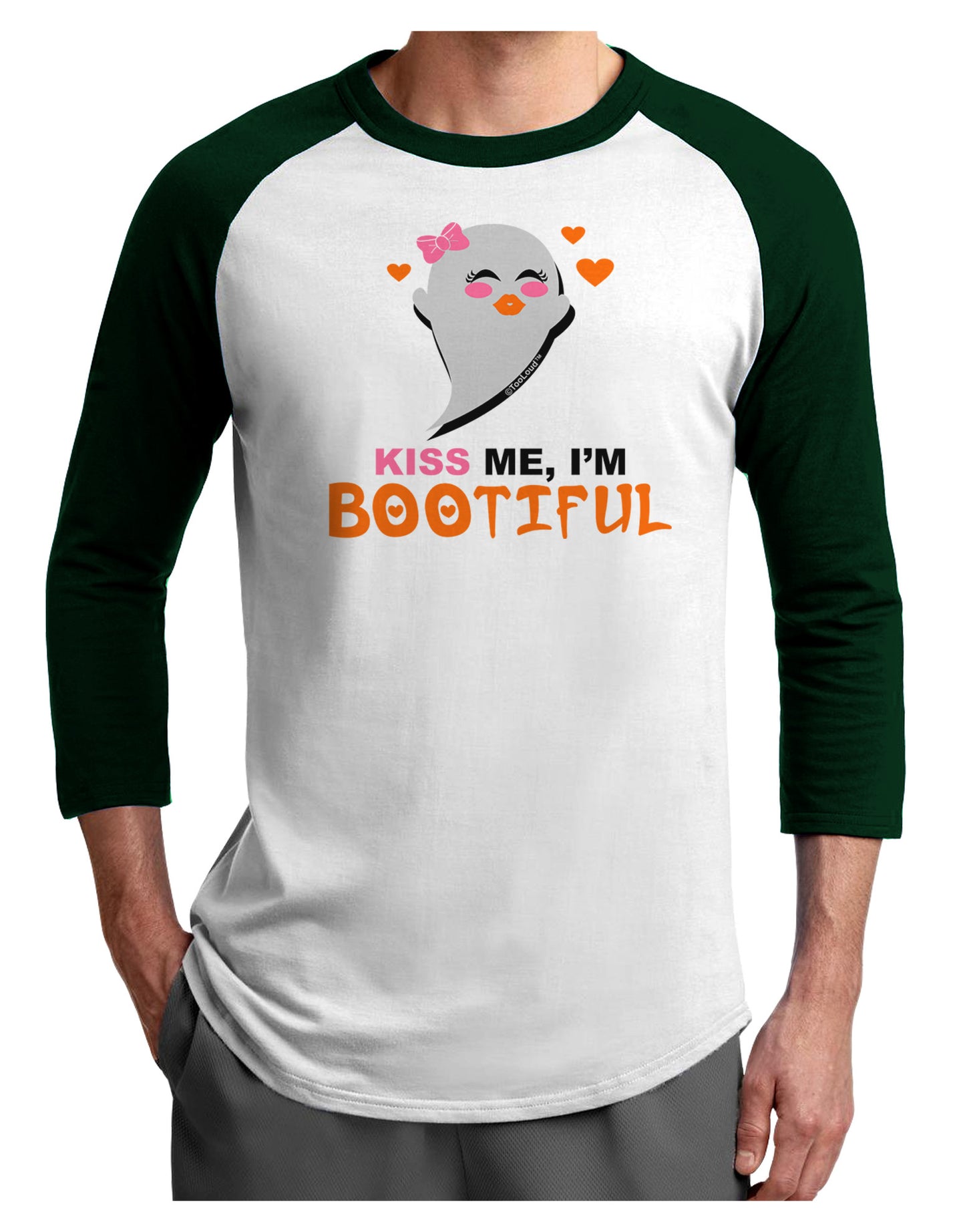 Kiss Me BOOtiful Ghost Orange Adult Raglan Shirt-Raglan Shirt-TooLoud-White-Forest-X-Small-Davson Sales