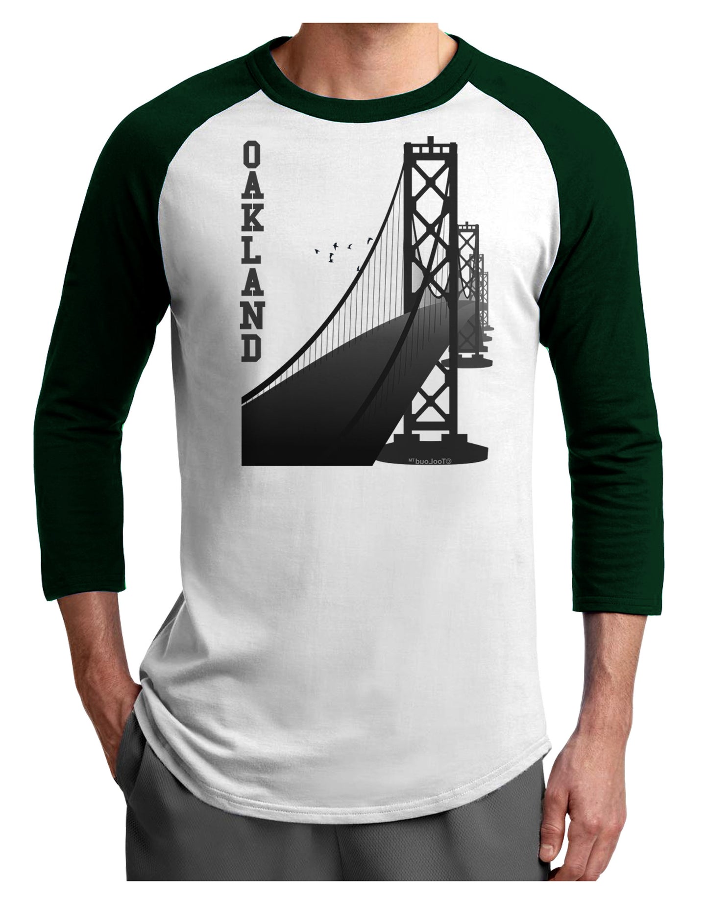 Oakland Text Bay Bridge Adult Raglan Shirt-Raglan Shirt-TooLoud-White-Forest-X-Small-Davson Sales