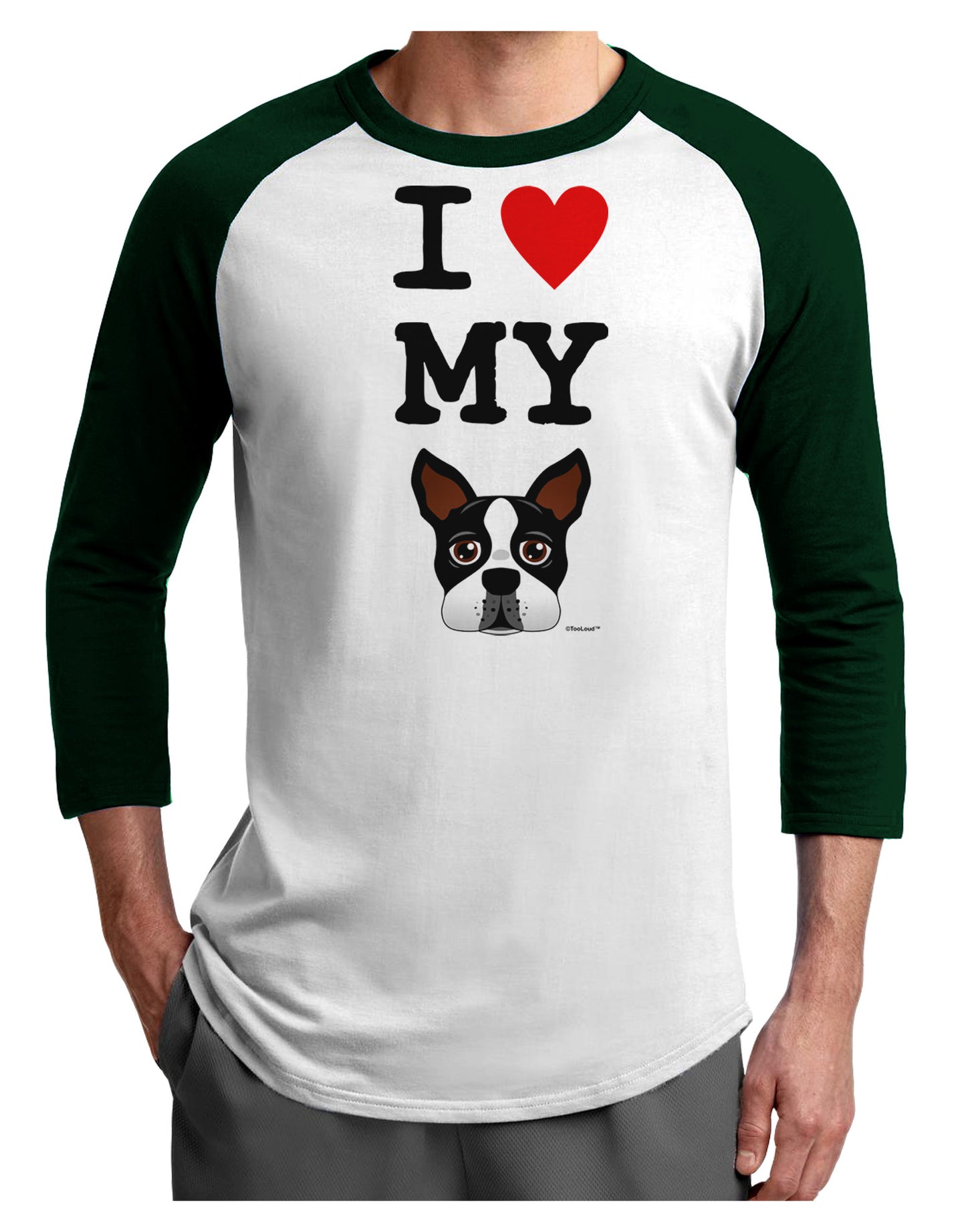 I Heart My Boston Terrier Adult Raglan Shirt-TooLoud-White-Forest-X-Small-Davson Sales