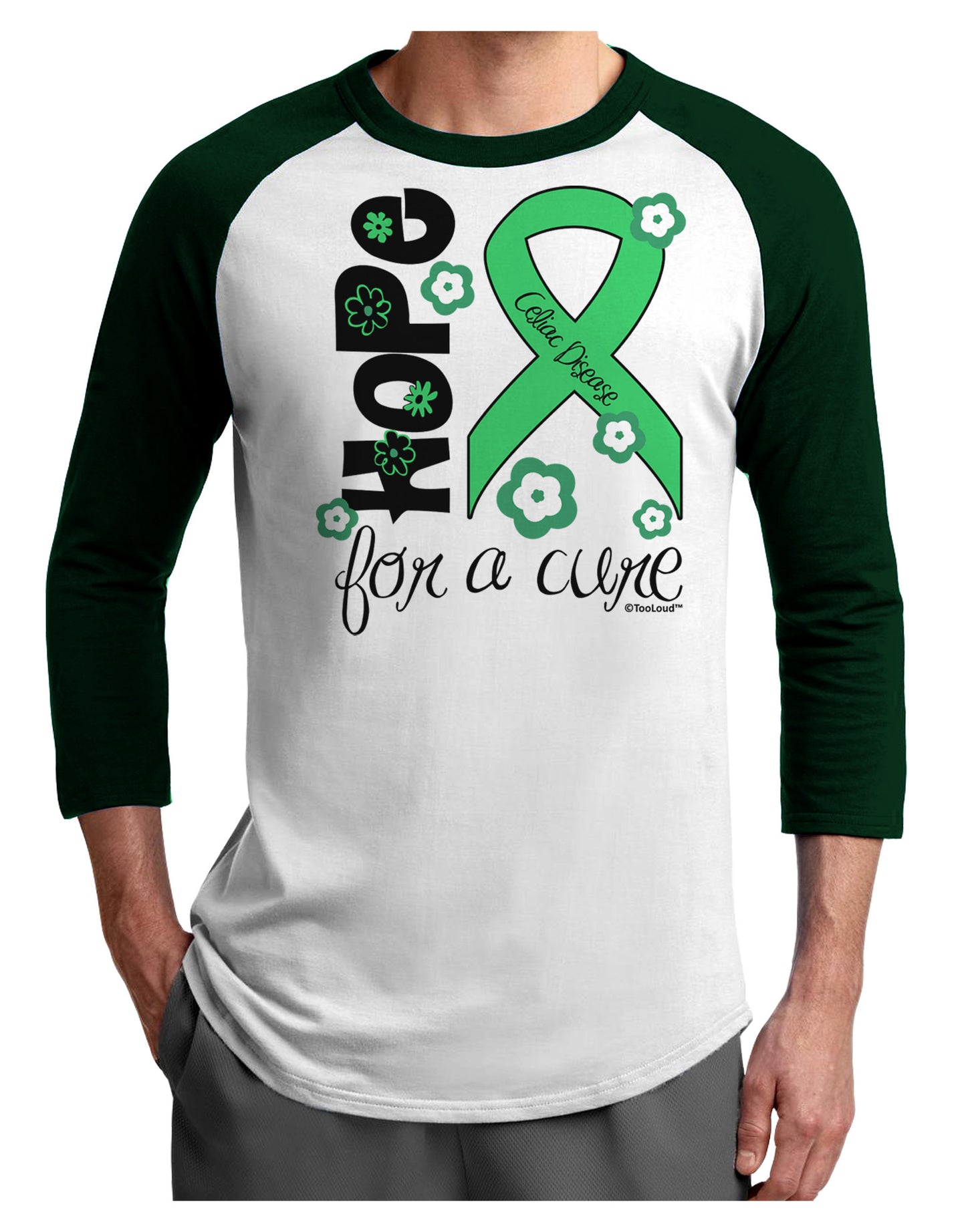 Hope for a Cure - Light Green Ribbon Celiac Disease - Flowers Adult Raglan Shirt-TooLoud-White-Forest-X-Small-Davson Sales
