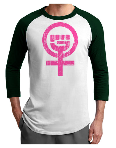 Pink Distressed Feminism Symbol Adult Raglan Shirt-TooLoud-White-Forest-X-Small-Davson Sales