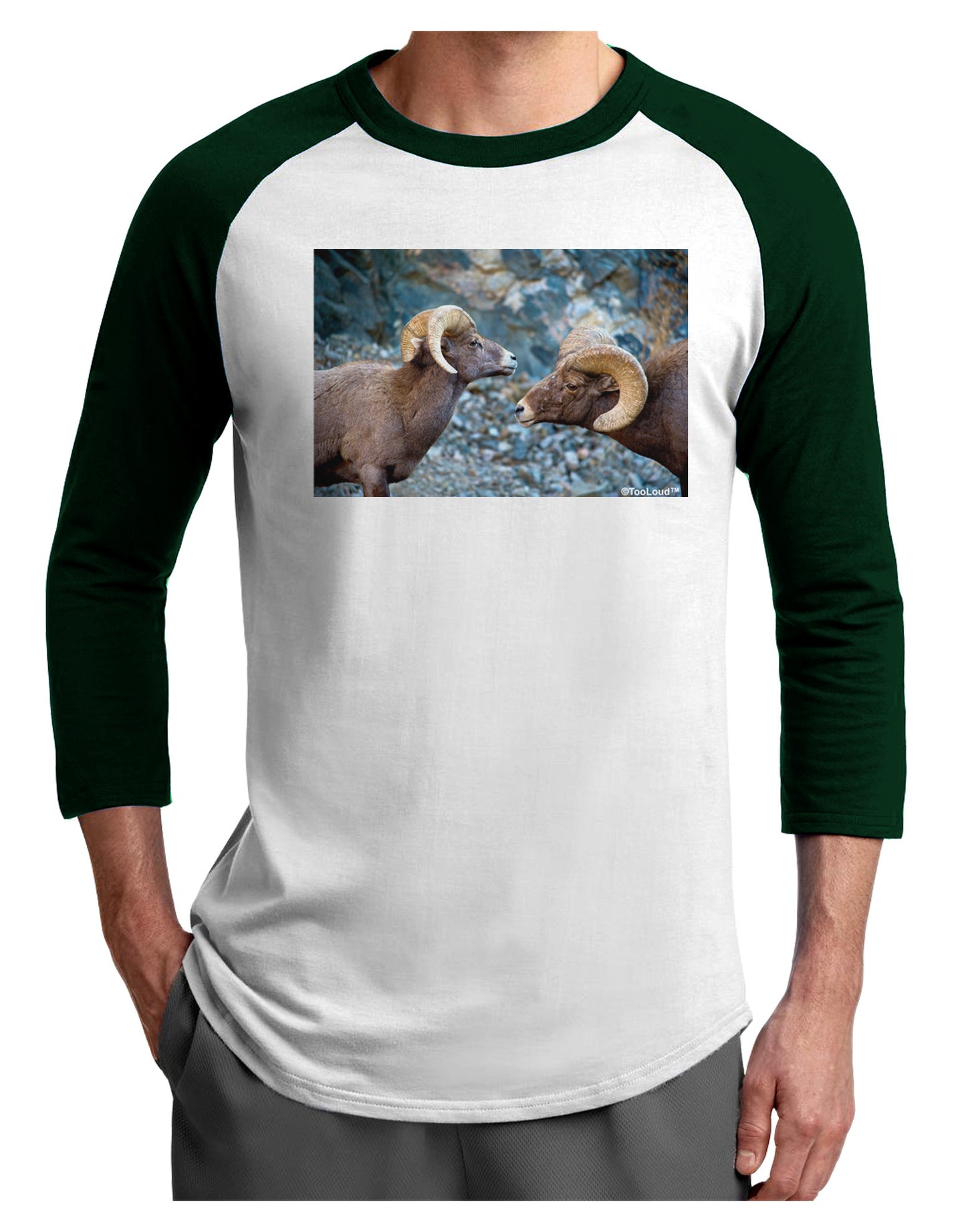 Two Bighorn Rams Adult Raglan Shirt-TooLoud-White-Forest-X-Small-Davson Sales