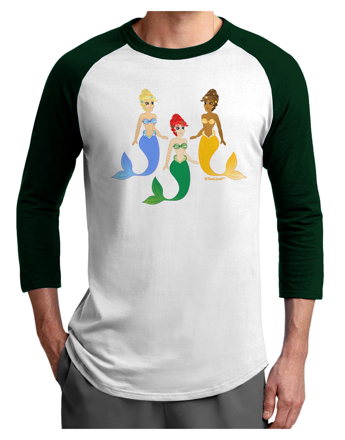Three Mermaids Adult Raglan Shirt-TooLoud-White-Forest-X-Small-Davson Sales
