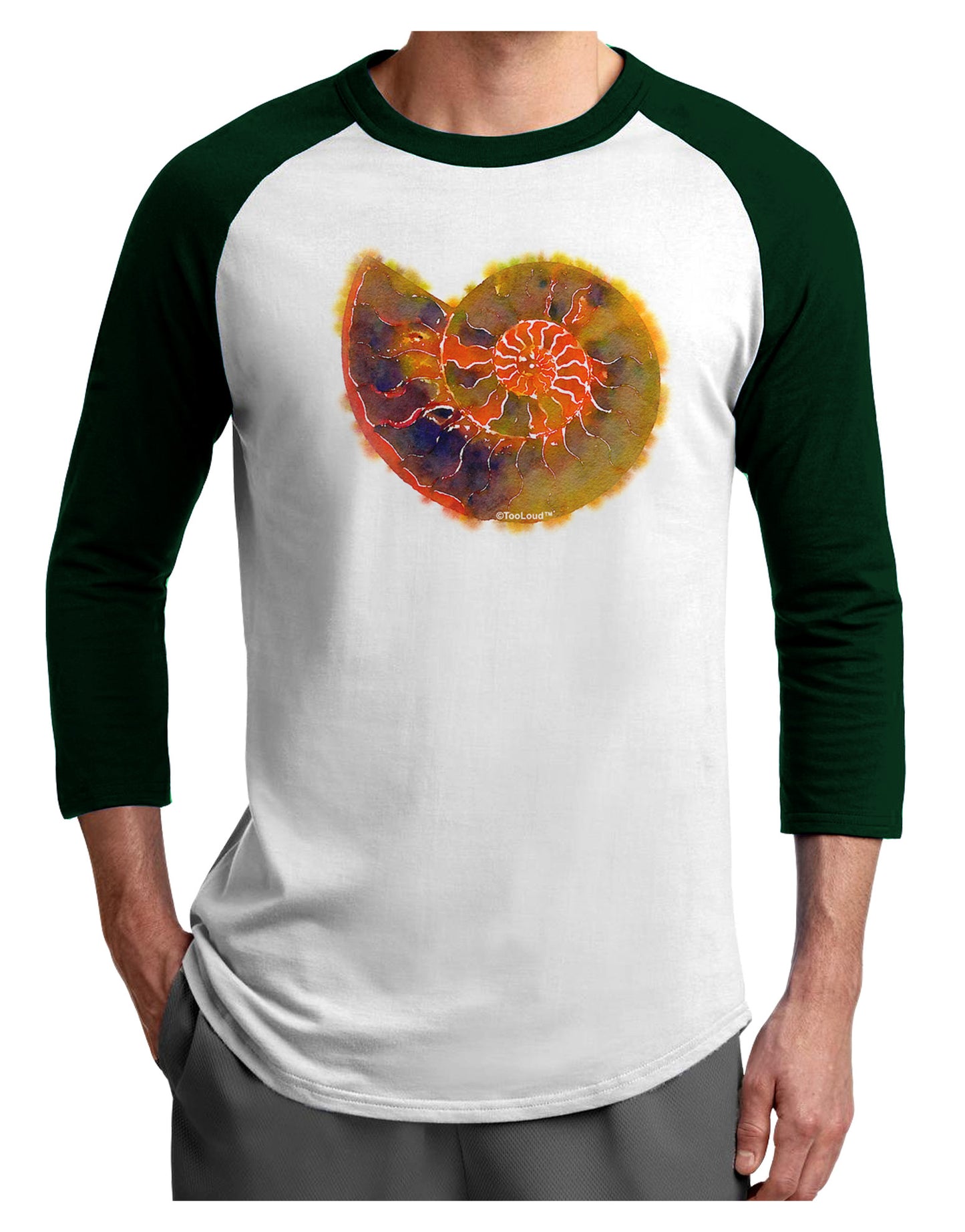 Nautilus Fossil Watercolor Adult Raglan Shirt-TooLoud-White-Forest-X-Small-Davson Sales
