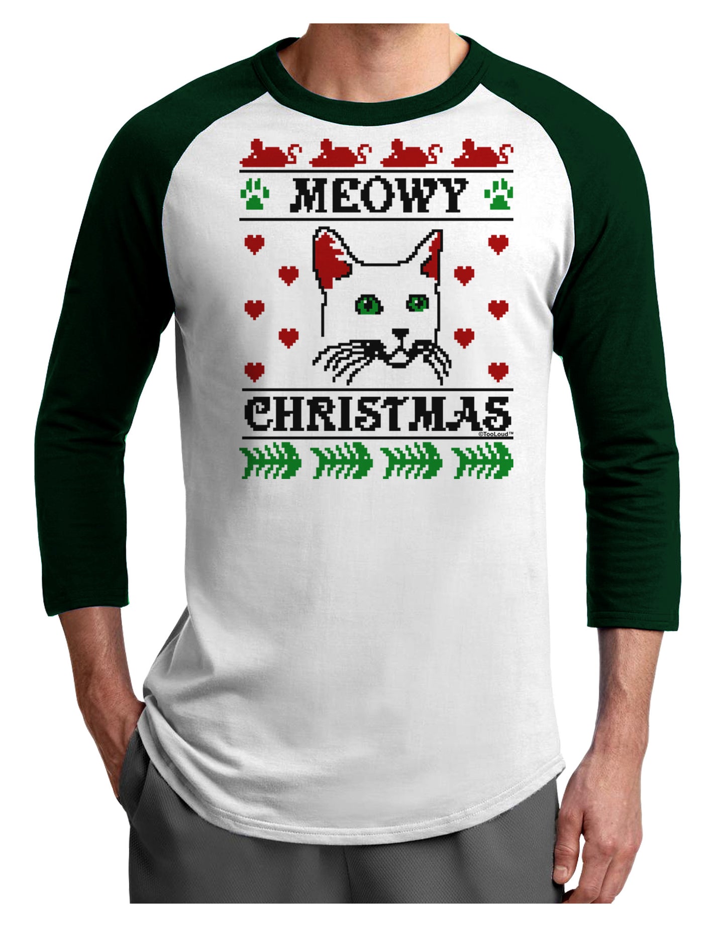 Meowy Christmas Cat Knit Look Adult Raglan Shirt by-Raglan Shirt-TooLoud-White-Forest-X-Small-Davson Sales
