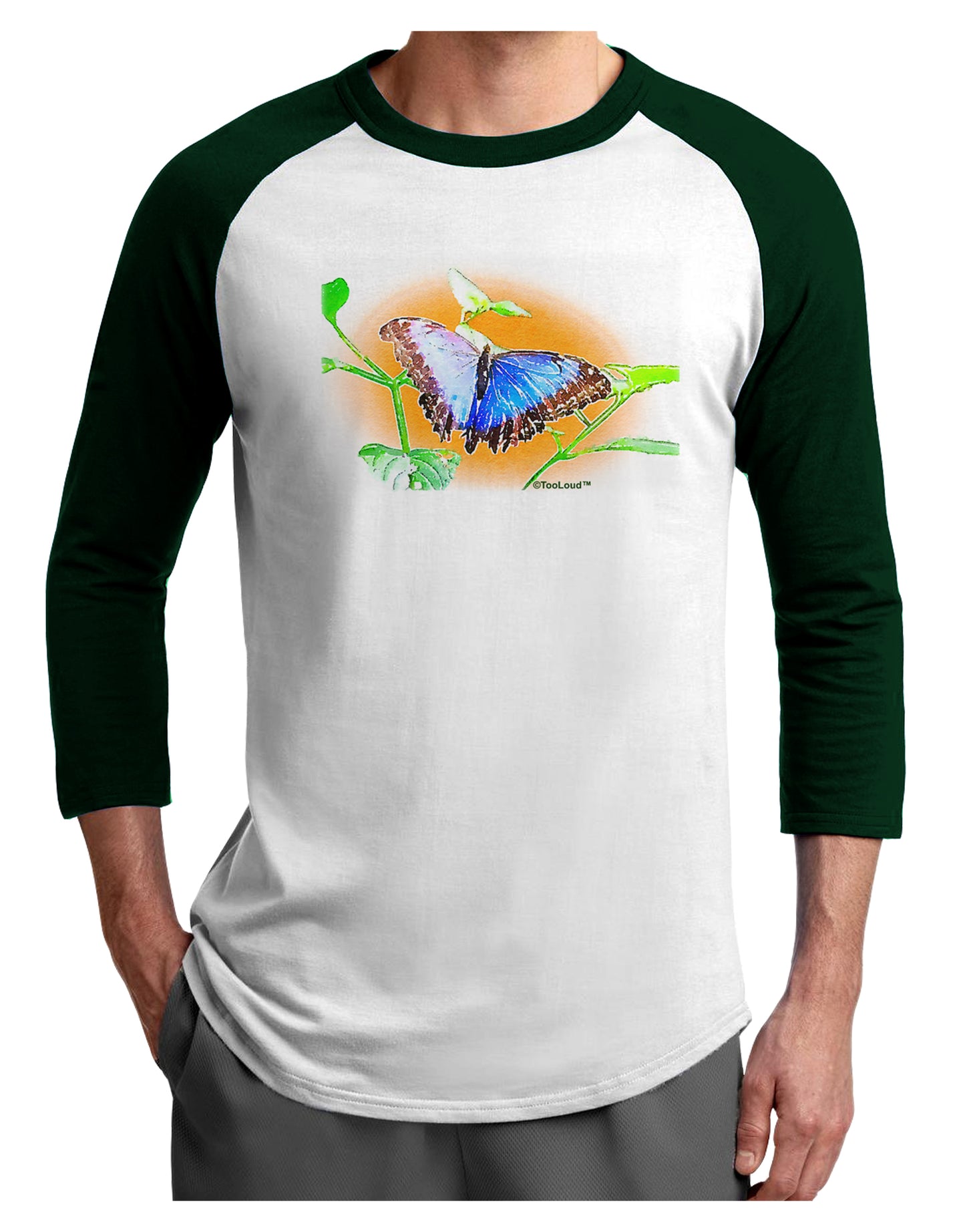 Blue Watercolor Butterfly Adult Raglan Shirt-TooLoud-White-Forest-X-Small-Davson Sales