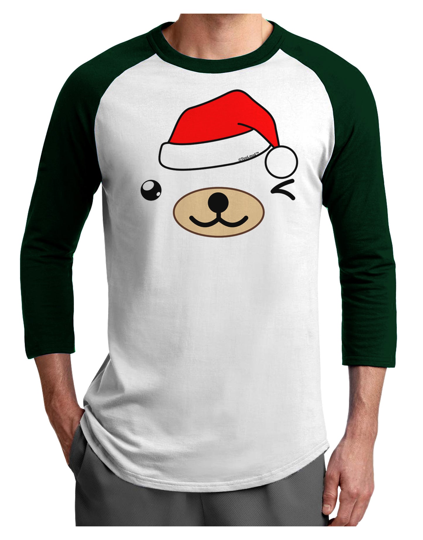 Kyu-T Face Beartholomew Santa Boy Bear Adult Raglan Shirt-Raglan Shirt-TooLoud-White-Forest-X-Small-Davson Sales