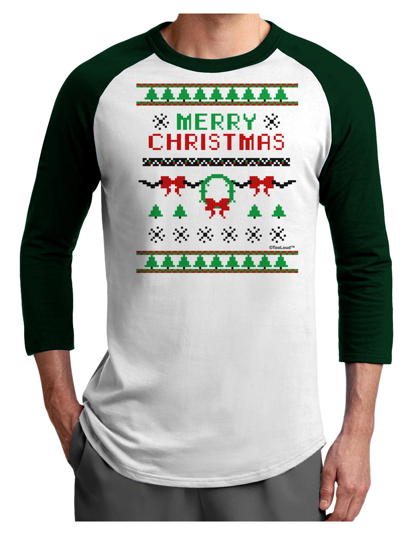 Merry Christmas Ugly Christmas Sweater Adult Raglan Shirt-Raglan Shirt-TooLoud-White-Forest-X-Small-Davson Sales
