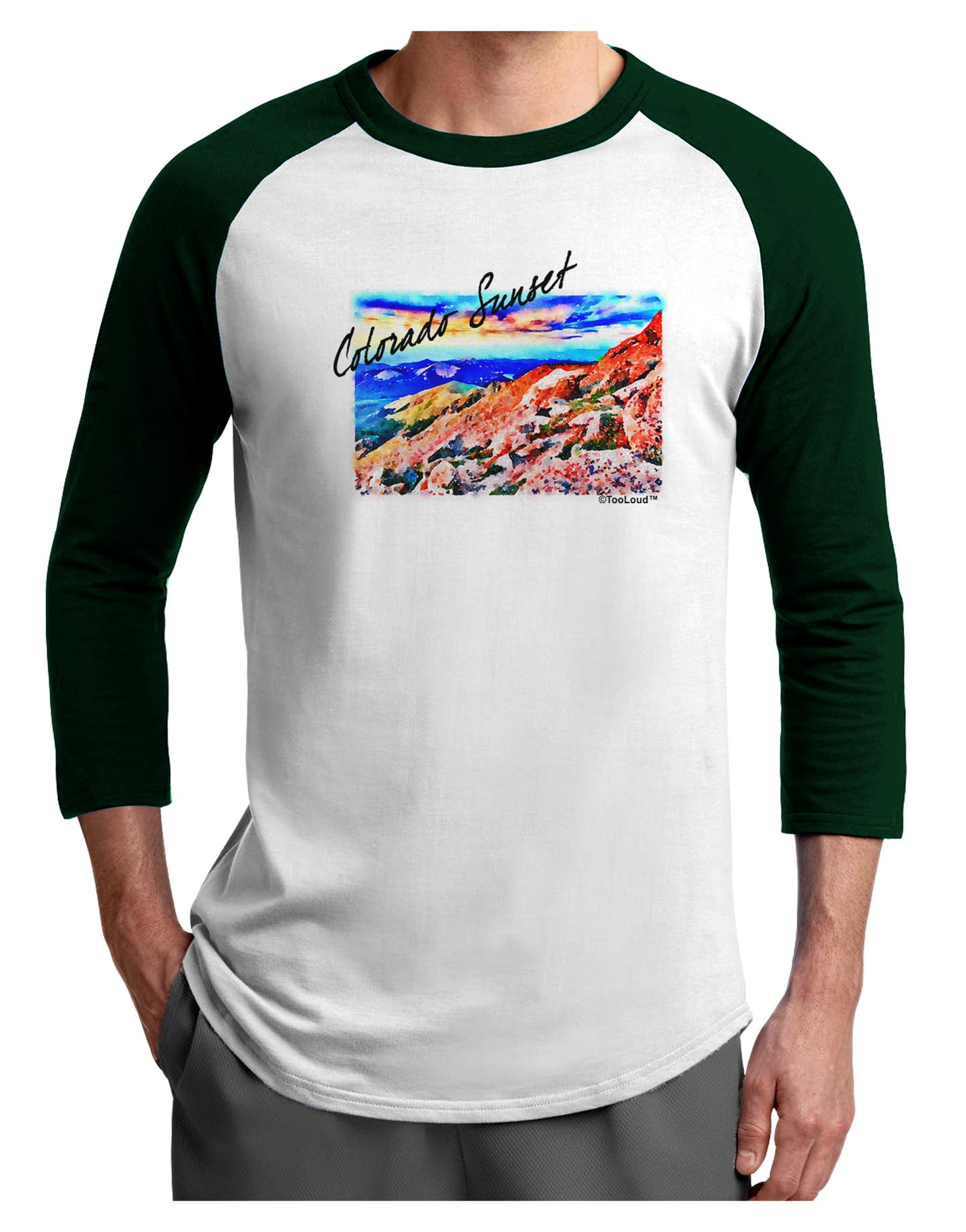 Colorado Mtn Sunset Bold WaterColor Adult Raglan Shirt-Raglan Shirt-TooLoud-White-Forest-X-Small-Davson Sales