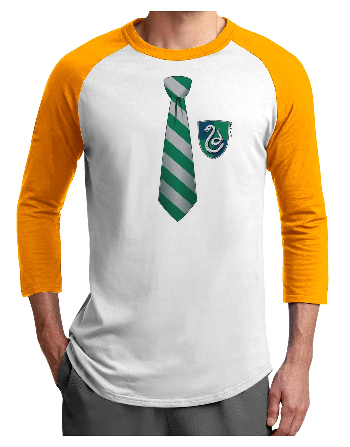 TooLoud Wizard Tie Green and Silver Adult Raglan Shirt-TooLoud-White-Gold-X-Small-Davson Sales