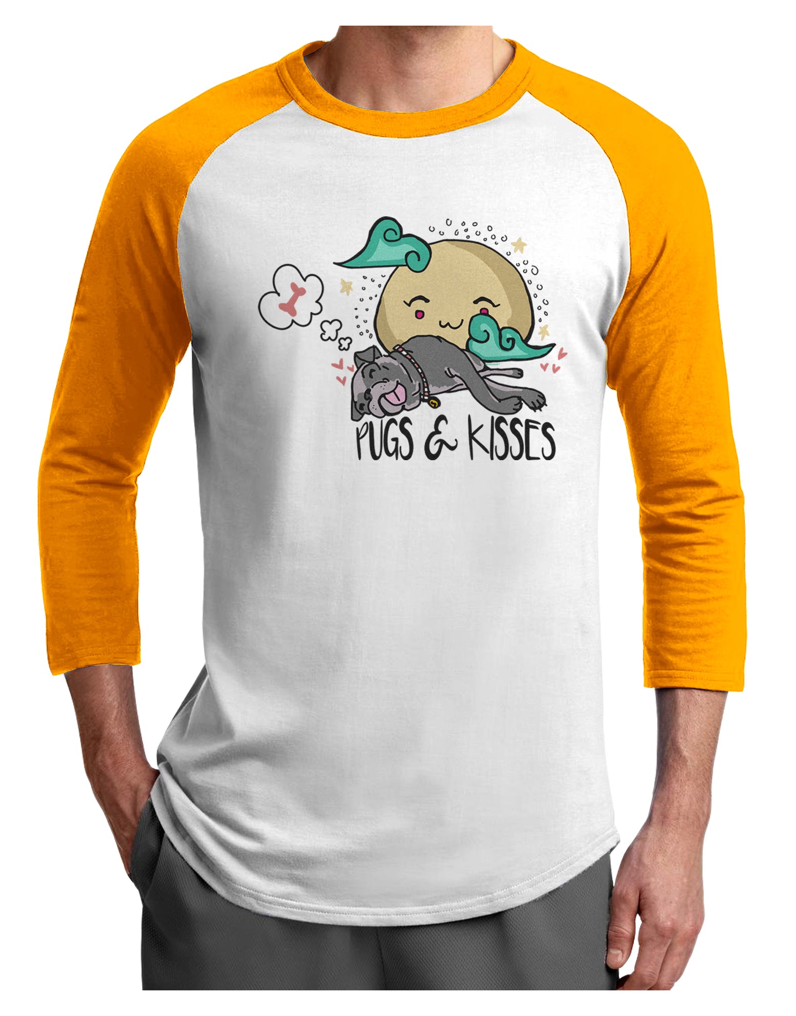 TooLoud Pugs and Kisses Adult Raglan Shirt-Mens-Tshirts-TooLoud-White-Gold-X-Small-Davson Sales