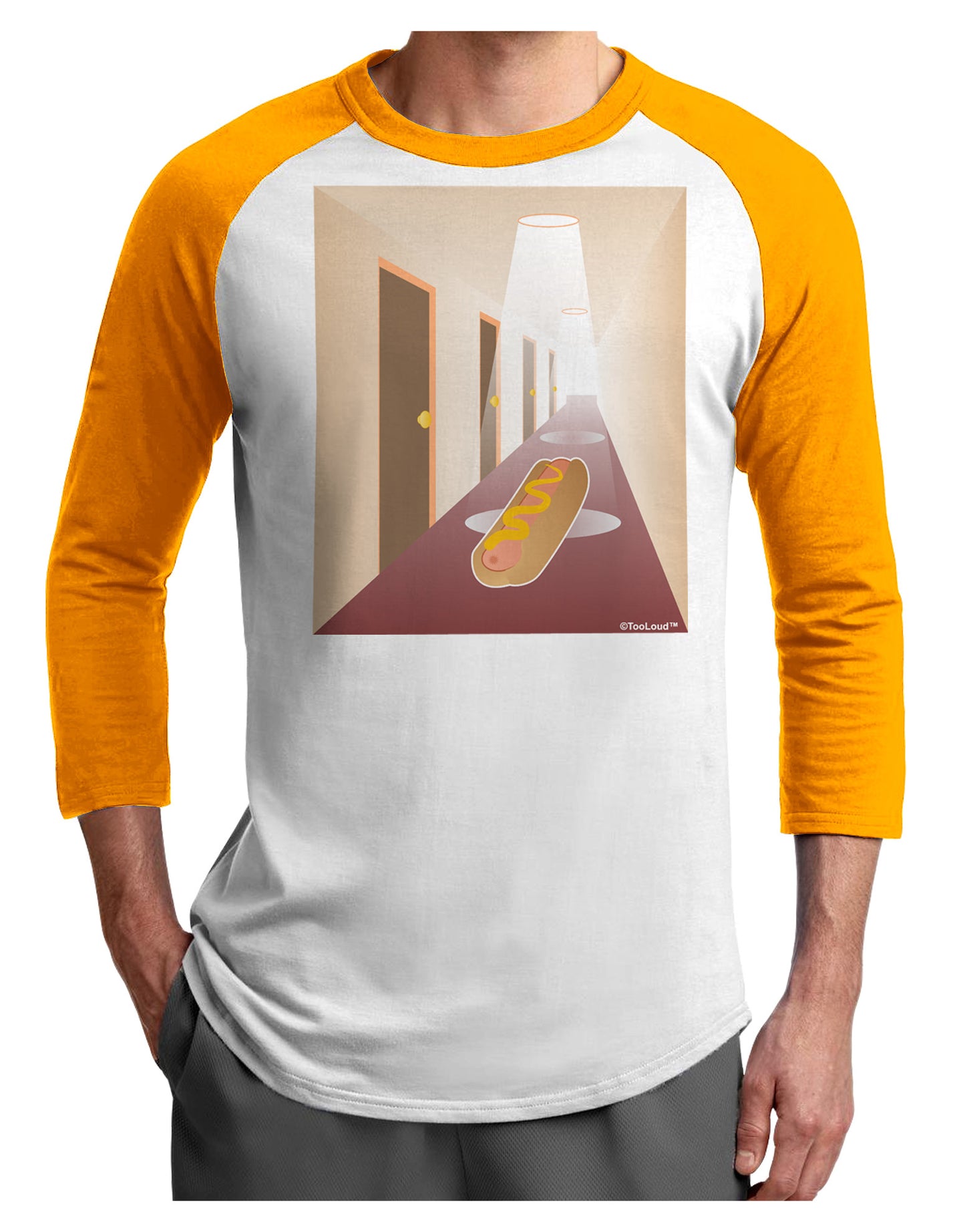 Hotdog in a Hallway Adult Raglan Shirt-TooLoud-White-Gold-X-Small-Davson Sales