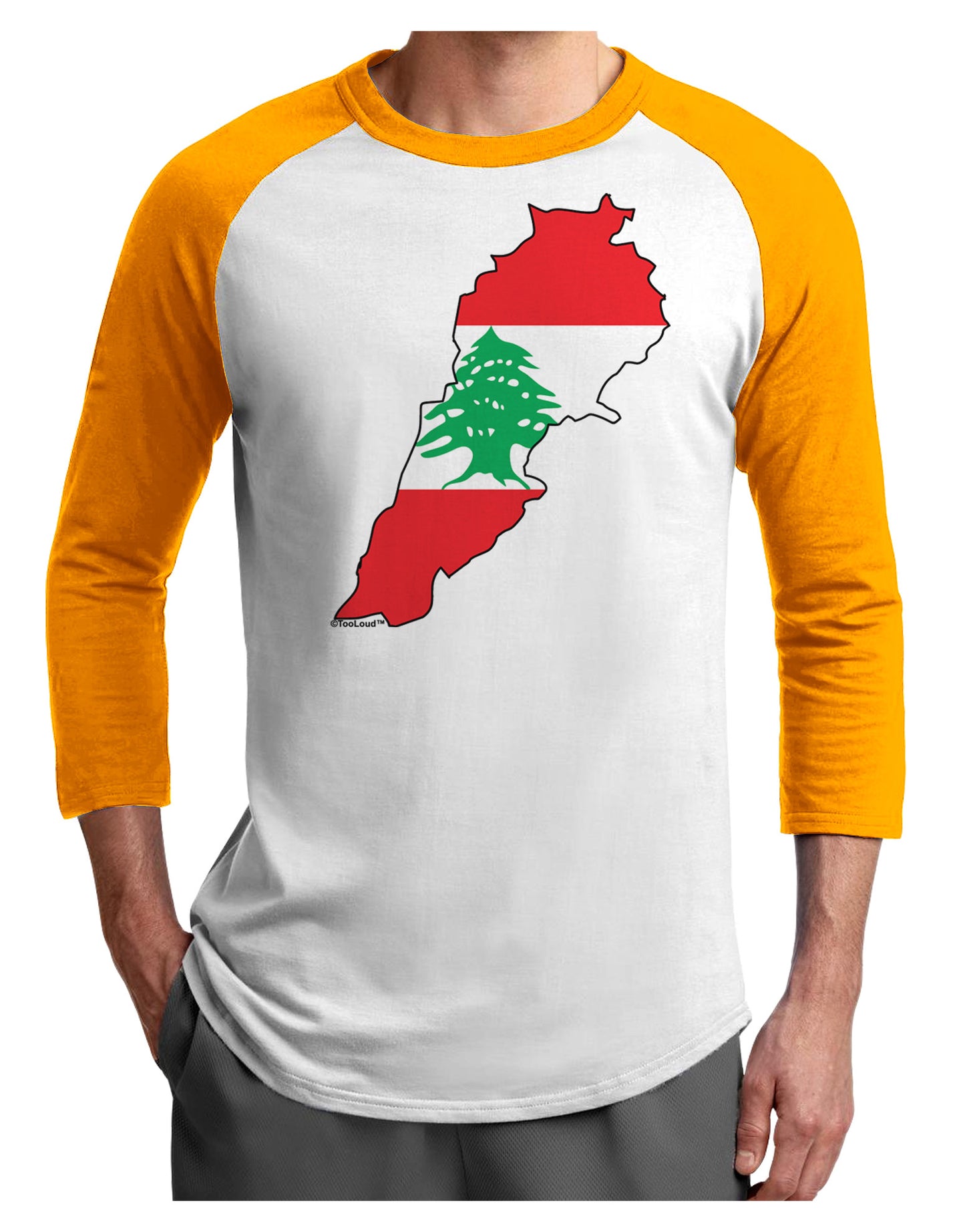 Lebanon Flag Silhouette Adult Raglan Shirt-TooLoud-White-Gold-X-Small-Davson Sales