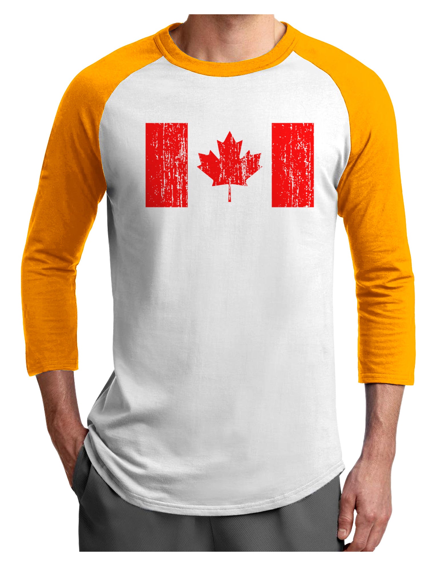 Distressed Canadian Flag Maple Leaf Adult Raglan Shirt-TooLoud-White-Gold-X-Small-Davson Sales