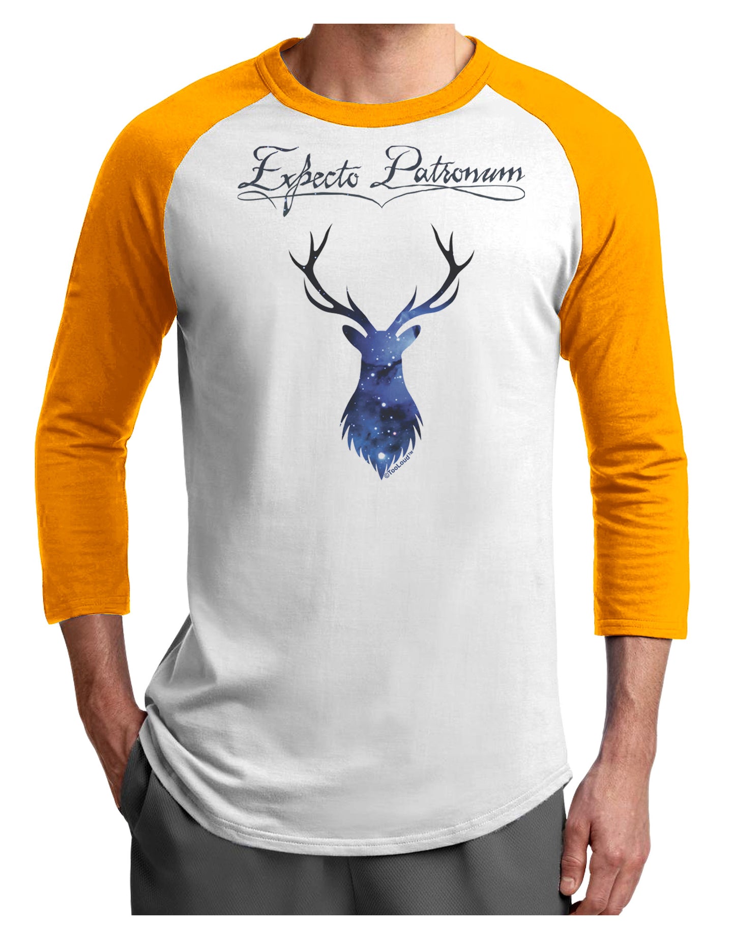 Expecto Patronum Space Stag Adult Raglan Shirt-Raglan Shirt-TooLoud-White-Gold-X-Small-Davson Sales