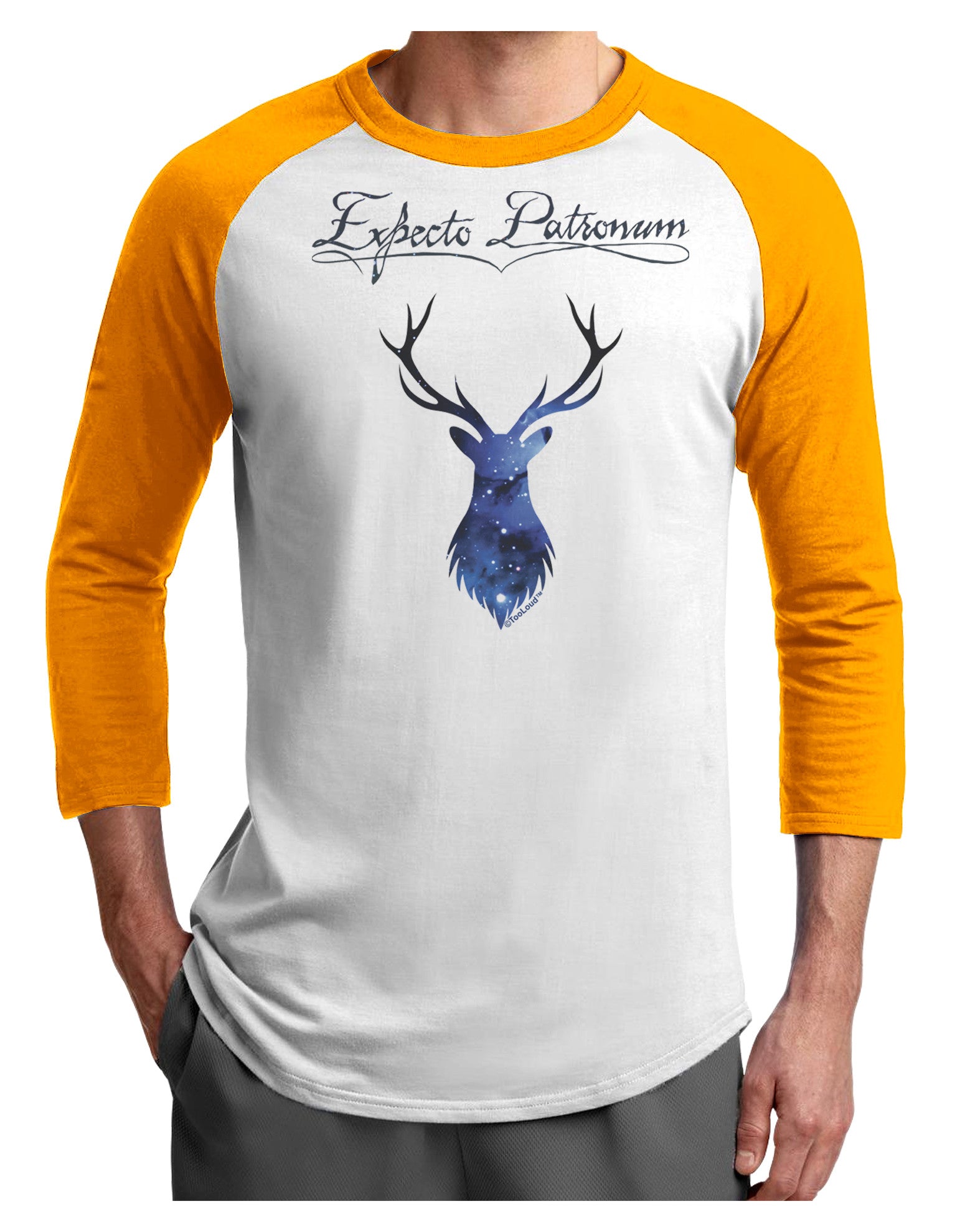Expecto Patronum Space Stag Adult Raglan Shirt-Raglan Shirt-TooLoud-White-Gold-X-Small-Davson Sales
