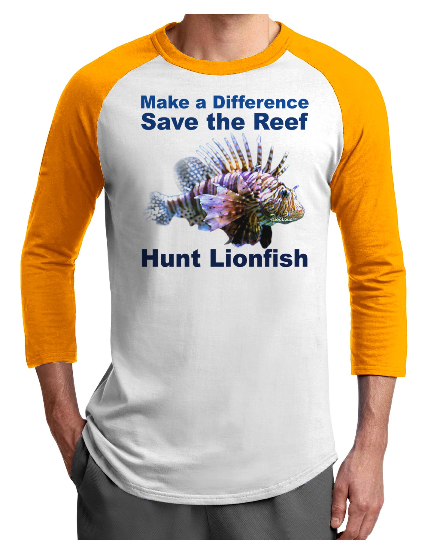 Save the Reef - Hunt Lionfish Adult Raglan Shirt-Raglan Shirt-TooLoud-White-Gold-X-Small-Davson Sales