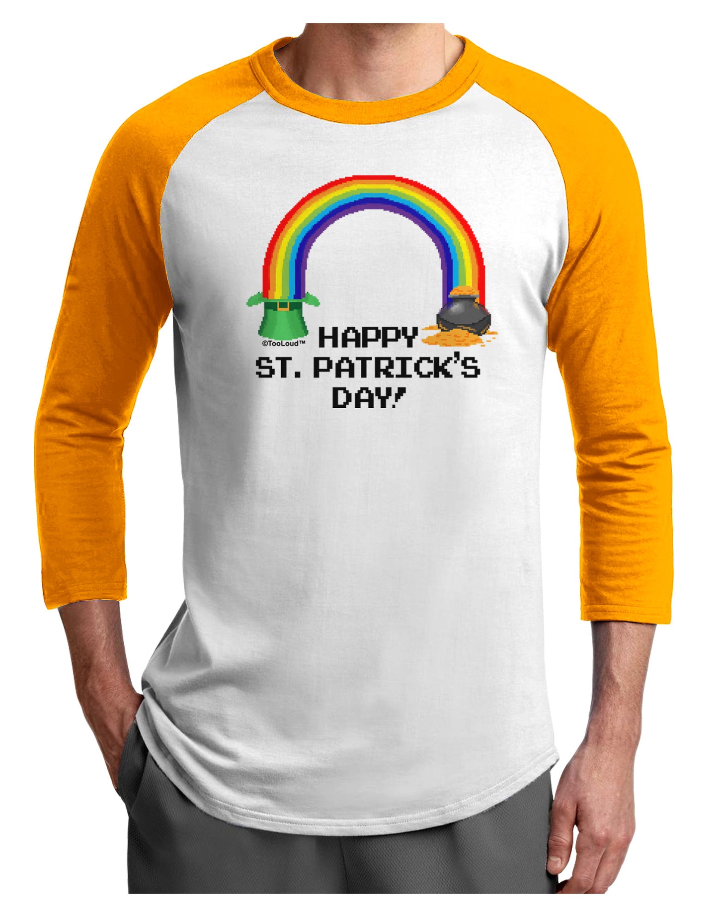 Pixel Pot of Gold St Patrick Text Adult Raglan Shirt-TooLoud-White-Gold-X-Small-Davson Sales