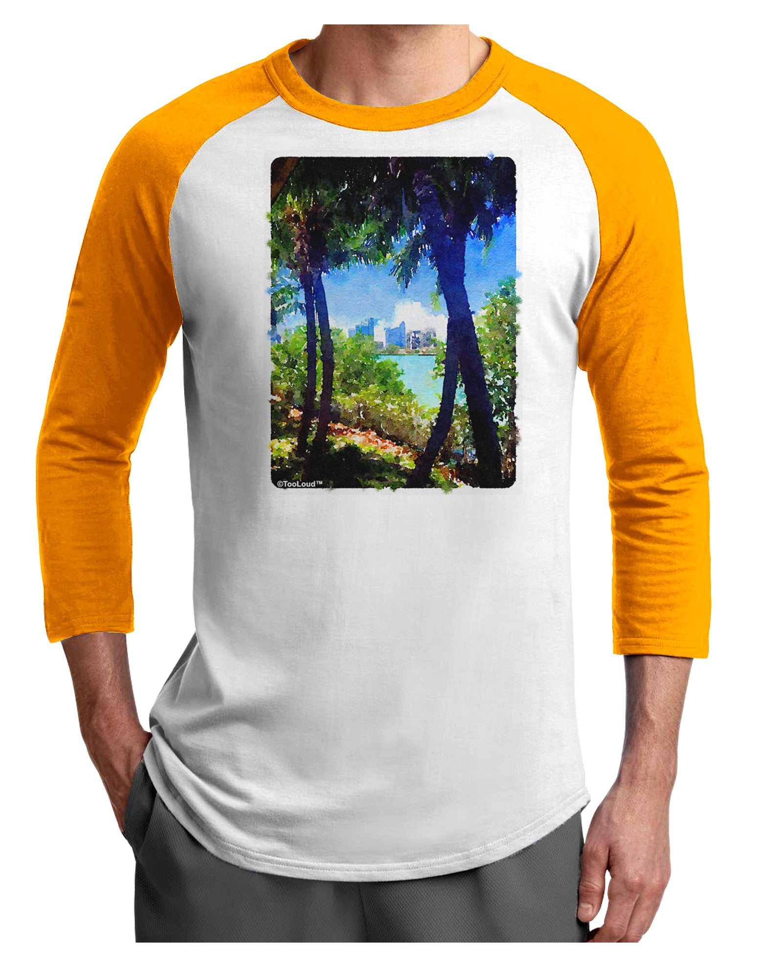 Tropical Skyline Adult Raglan Shirt-TooLoud-White-Gold-X-Small-Davson Sales