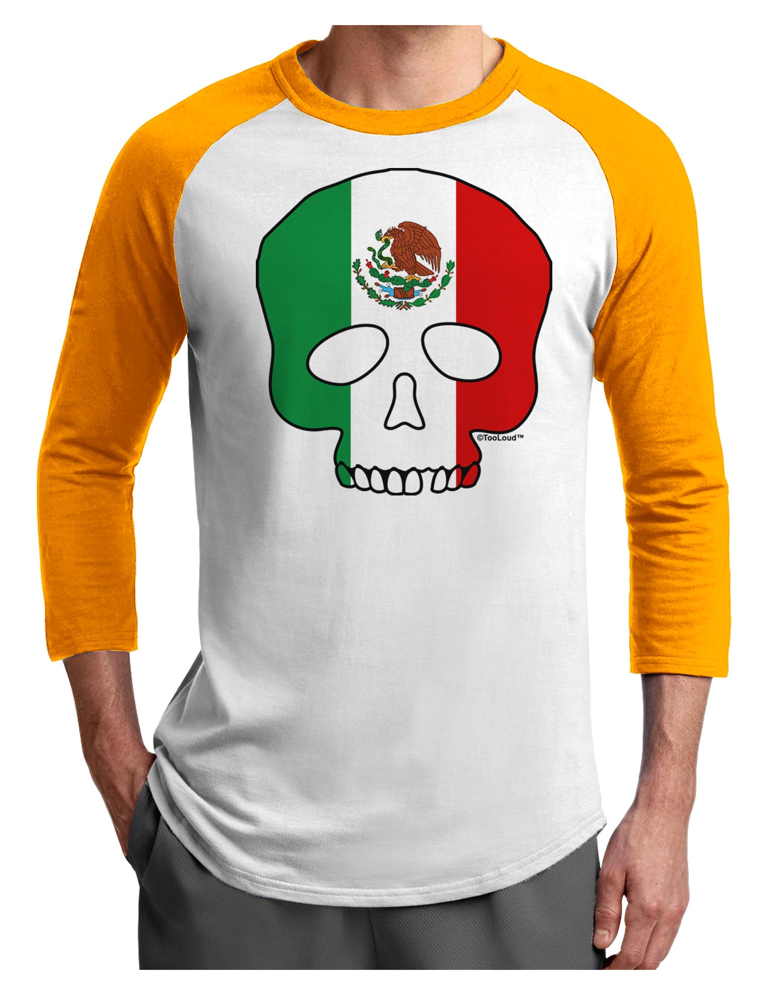 Skull Flag Mexico Adult Raglan Shirt-Raglan Shirt-TooLoud-White-Gold-X-Small-Davson Sales