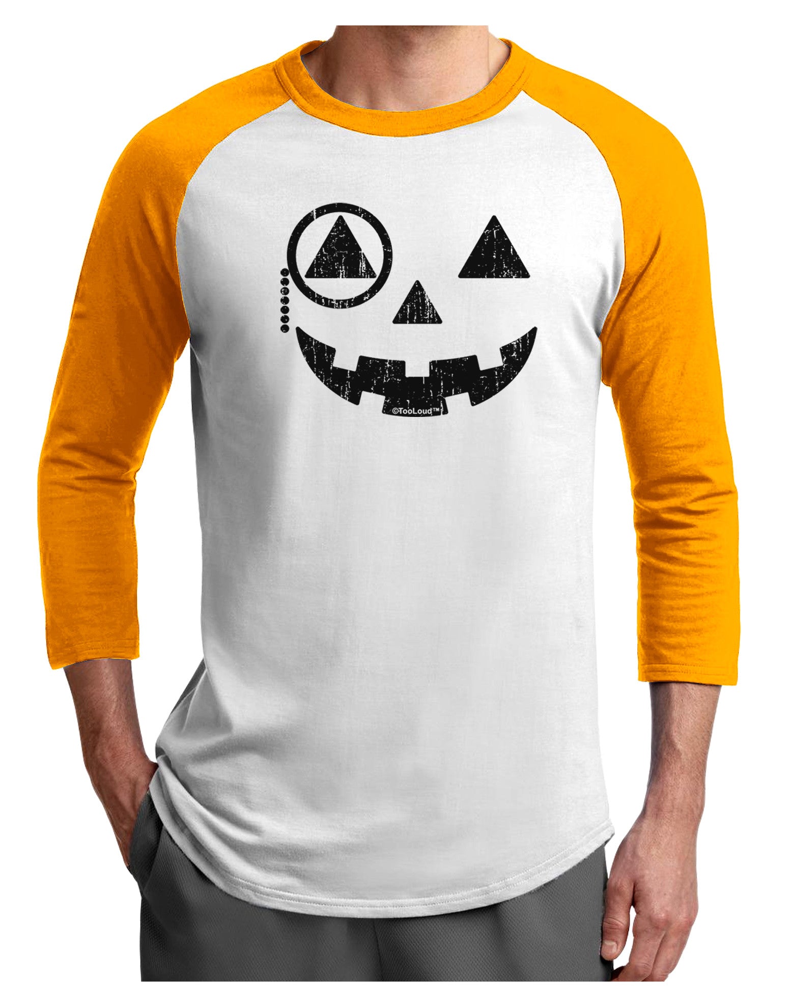 Monocle Jack-o-Lantern Distressed Adult Raglan Shirt-TooLoud-White-Gold-X-Small-Davson Sales