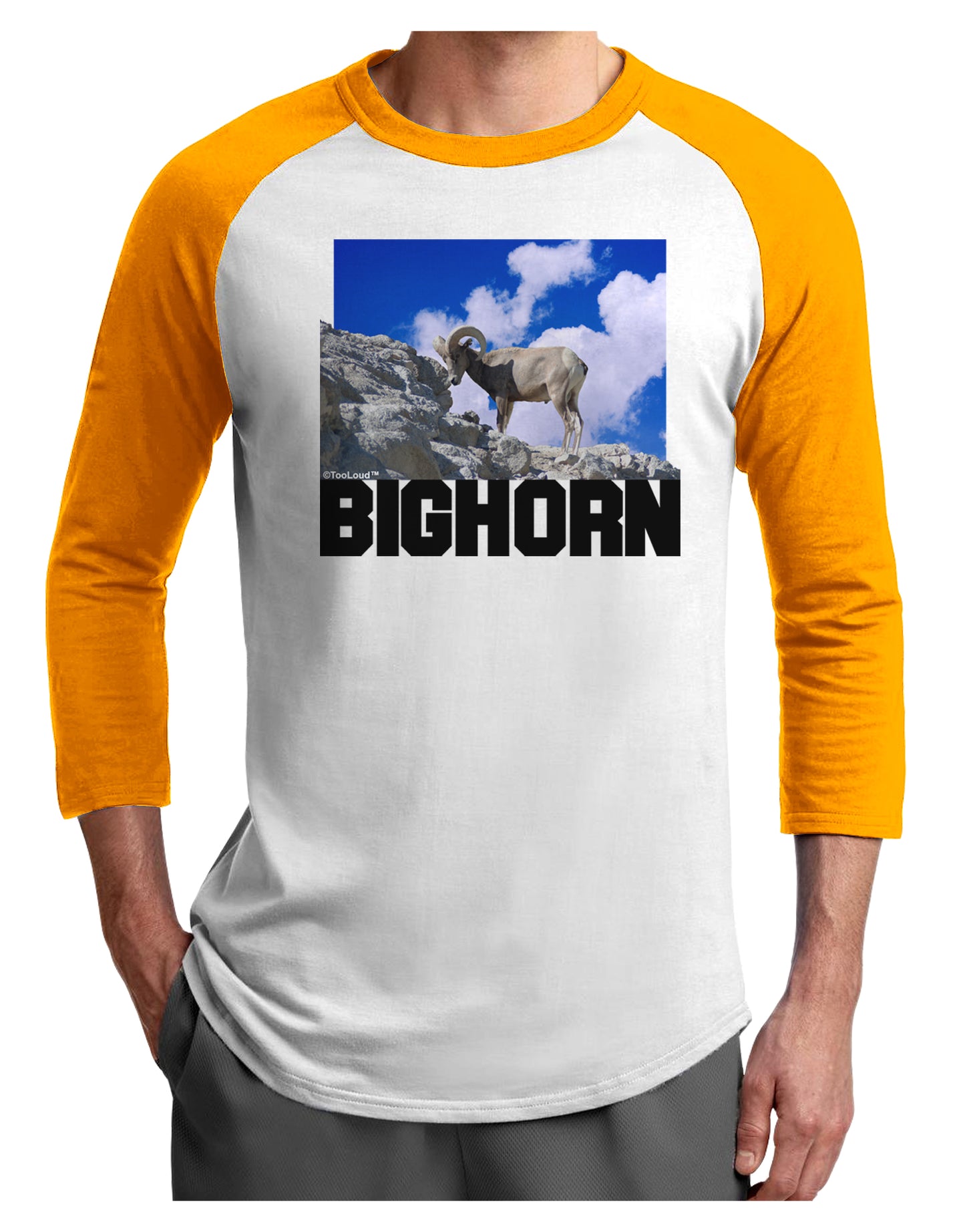 Bighorn Ram Text Adult Raglan Shirt-TooLoud-White-Gold-X-Small-Davson Sales