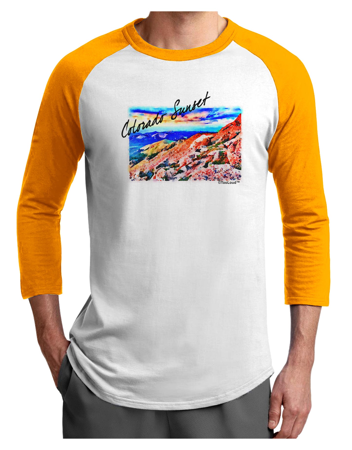 Colorado Mtn Sunset Bold WaterColor Adult Raglan Shirt-Raglan Shirt-TooLoud-White-Gold-X-Small-Davson Sales