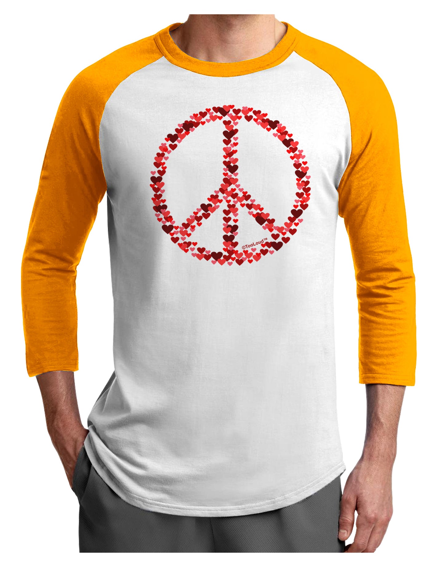 Peace Sign Hearts Red Adult Raglan Shirt-Raglan Shirt-TooLoud-White-Gold-X-Small-Davson Sales