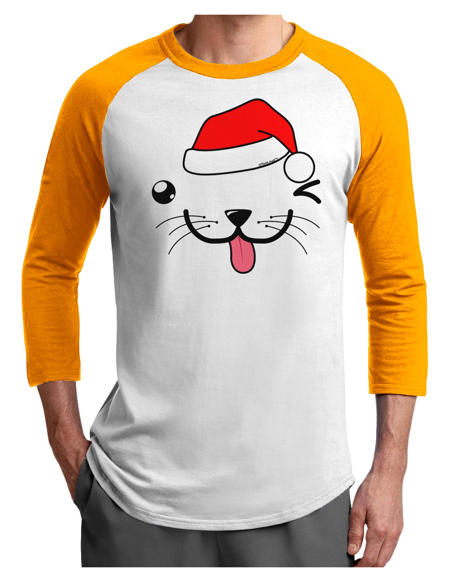 Kyu-T Face Puppino Santa Boy Dog Adult Raglan Shirt-Raglan Shirt-TooLoud-White-Gold-X-Small-Davson Sales