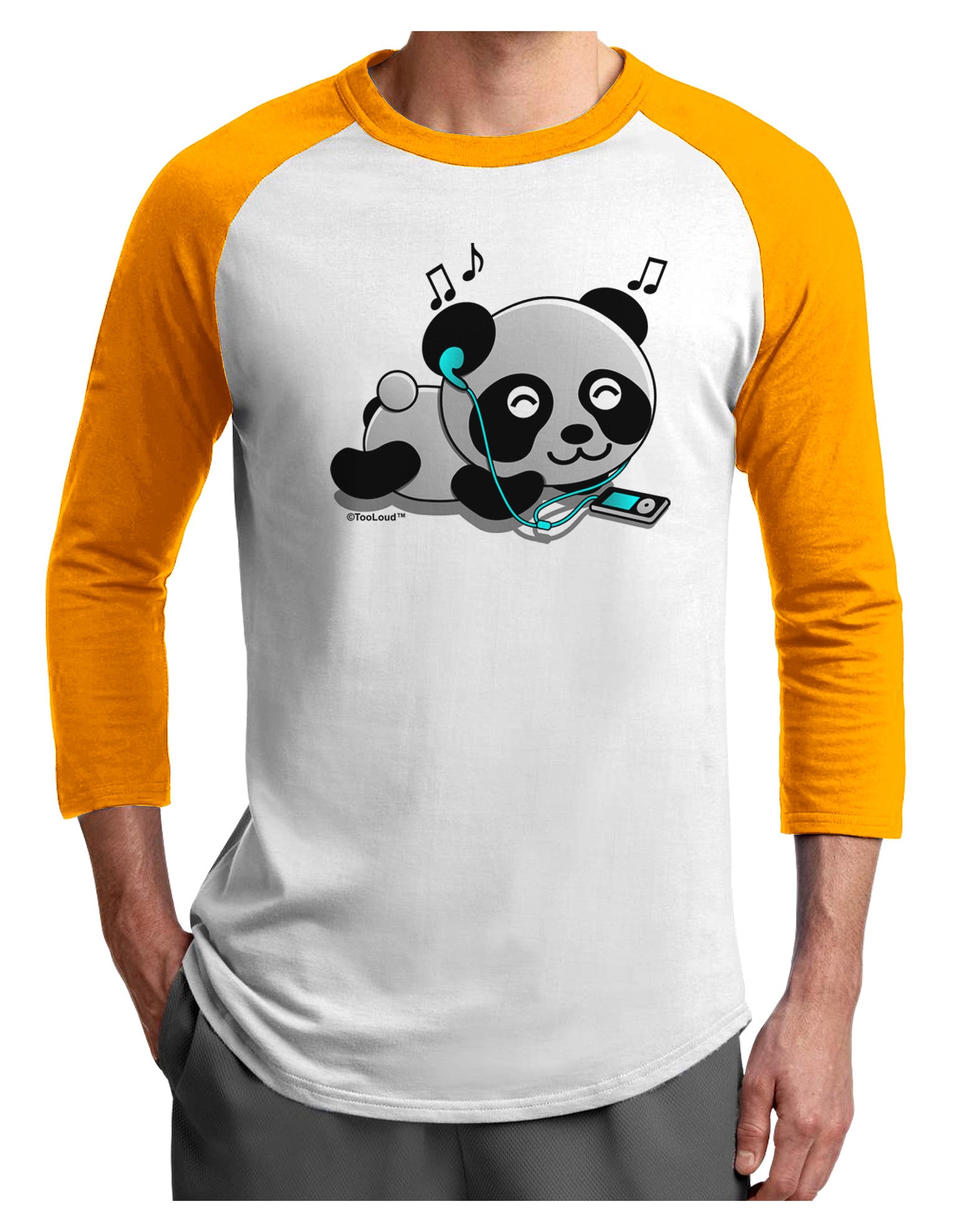 Cute Panda With Ear Buds Adult Raglan Shirt-TooLoud-White-Gold-X-Small-Davson Sales
