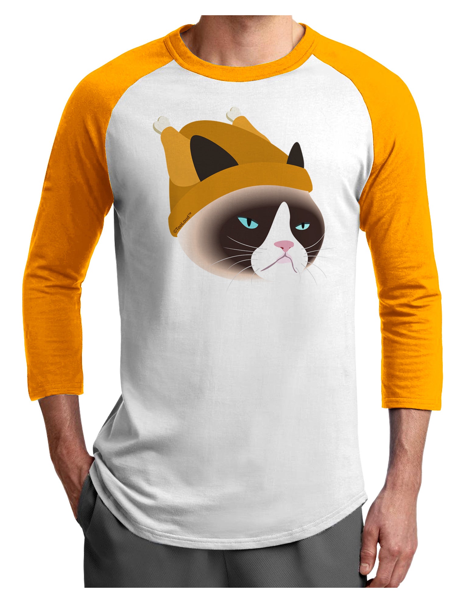 Disgruntled Cat Wearing Turkey Hat Adult Raglan Shirt by-Raglan Shirt-TooLoud-White-Gold-X-Small-Davson Sales