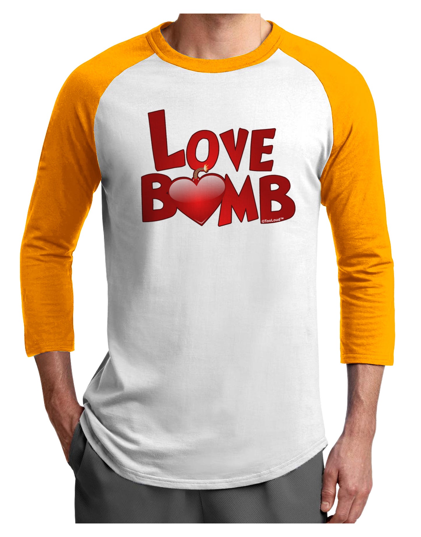 Love Bomb Text Adult Raglan Shirt-TooLoud-White-Gold-X-Small-Davson Sales