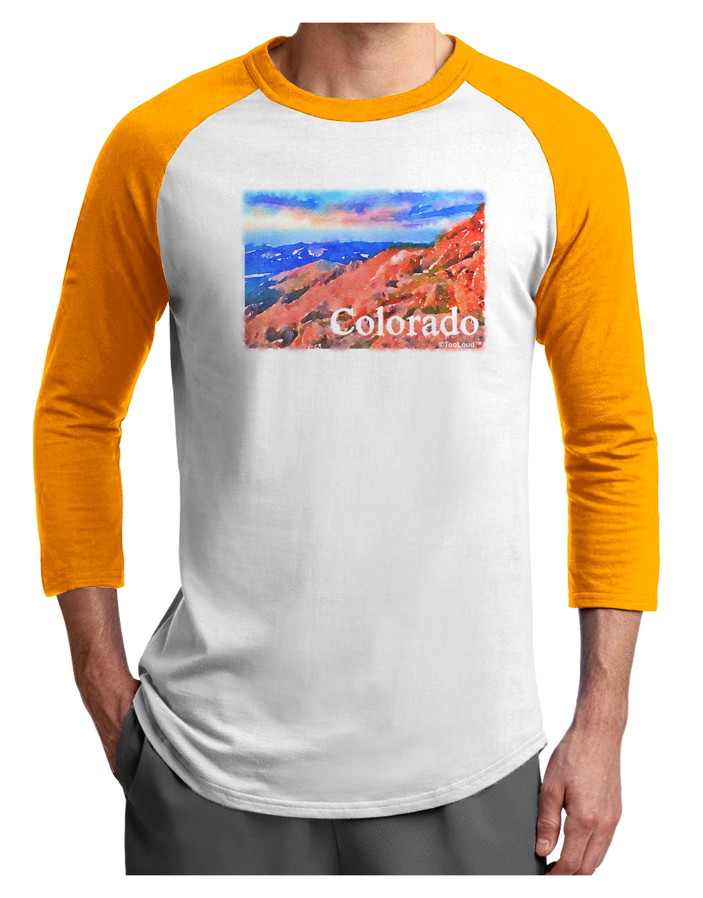Colorado Mtn Sunset Soaked WaterColor Adult Raglan Shirt-Raglan Shirt-TooLoud-White-Gold-X-Small-Davson Sales