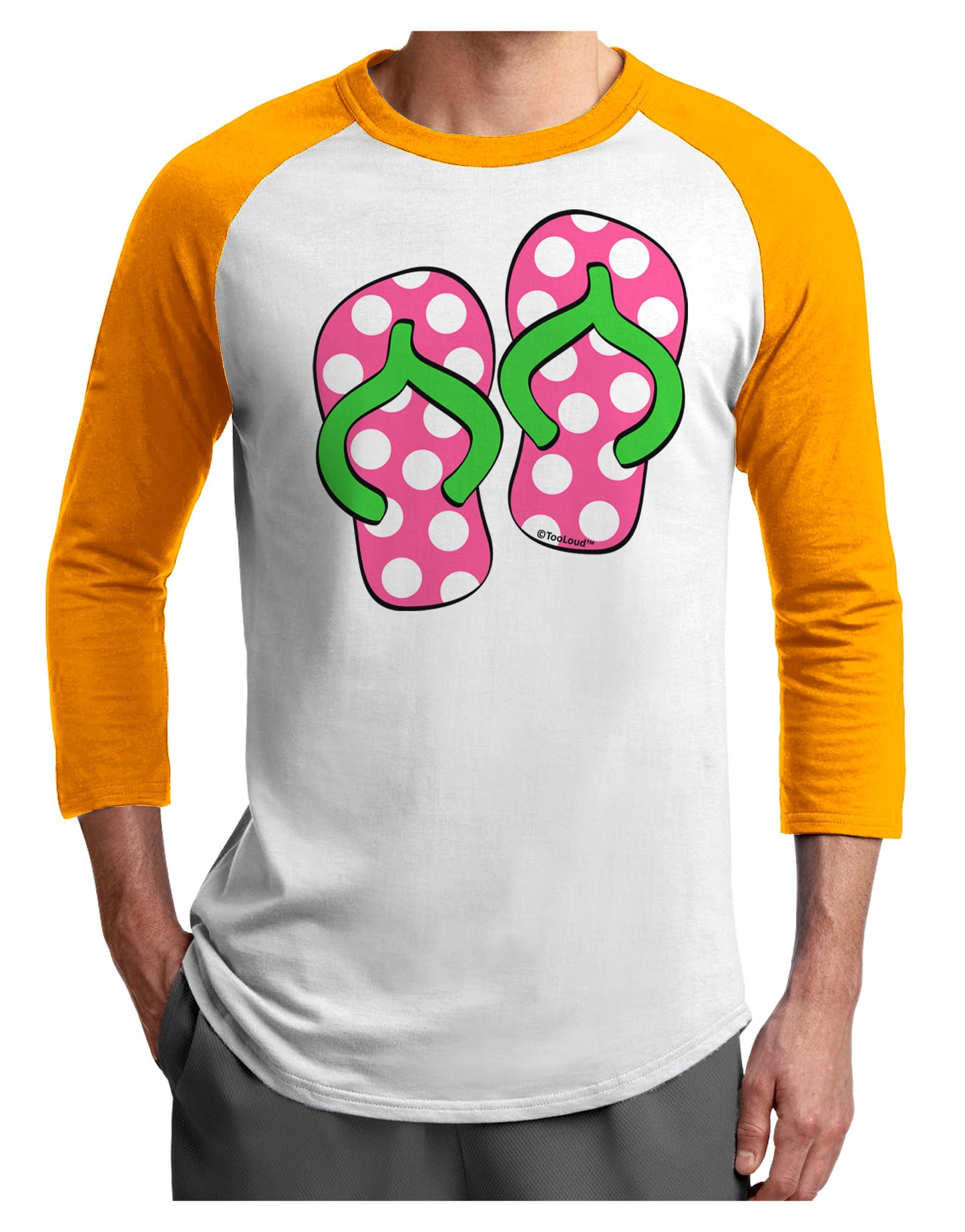 Cute Polka Dot Flip Flops - Pink and Green Adult Raglan Shirt-TooLoud-White-Gold-X-Small-Davson Sales