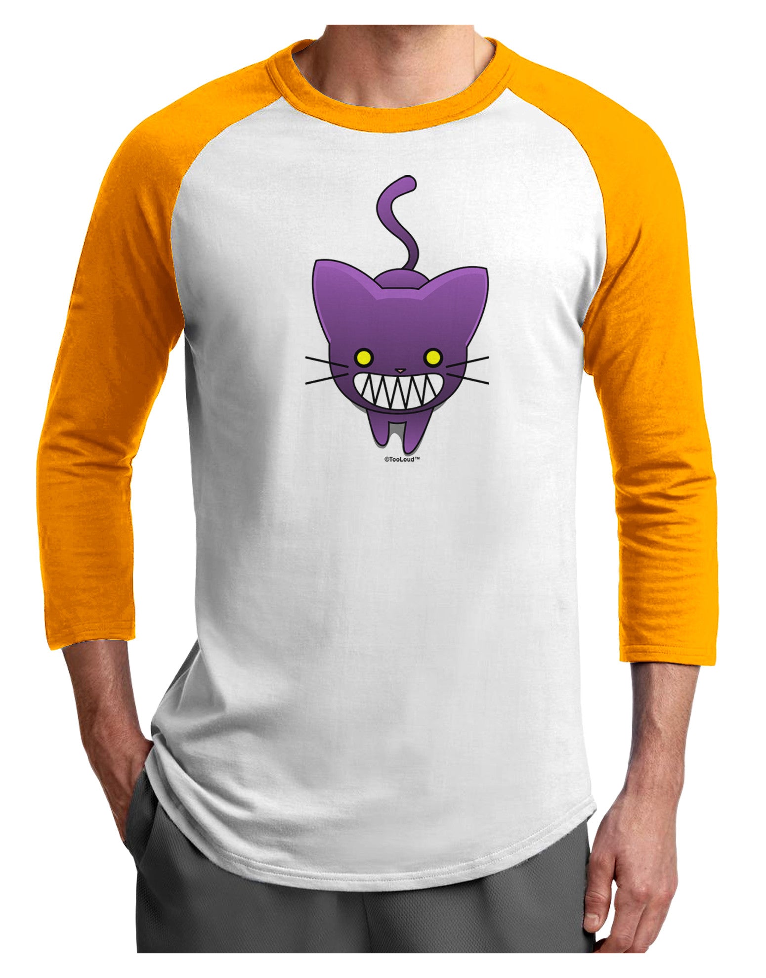 Evil Kitty Adult Raglan Shirt-TooLoud-White-Gold-X-Small-Davson Sales