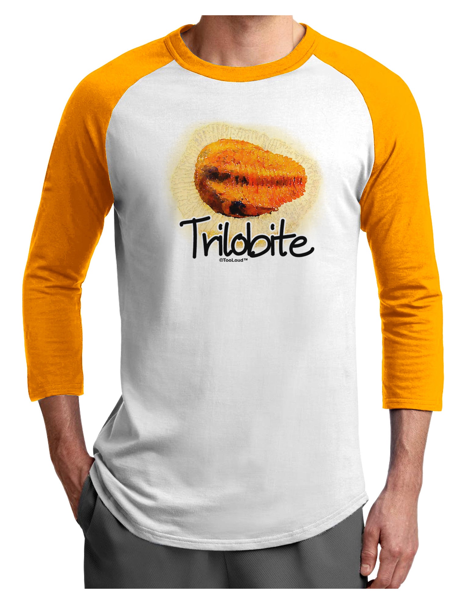 Trilobite Fossil Watercolor Text Adult Raglan Shirt-TooLoud-White-Gold-X-Small-Davson Sales