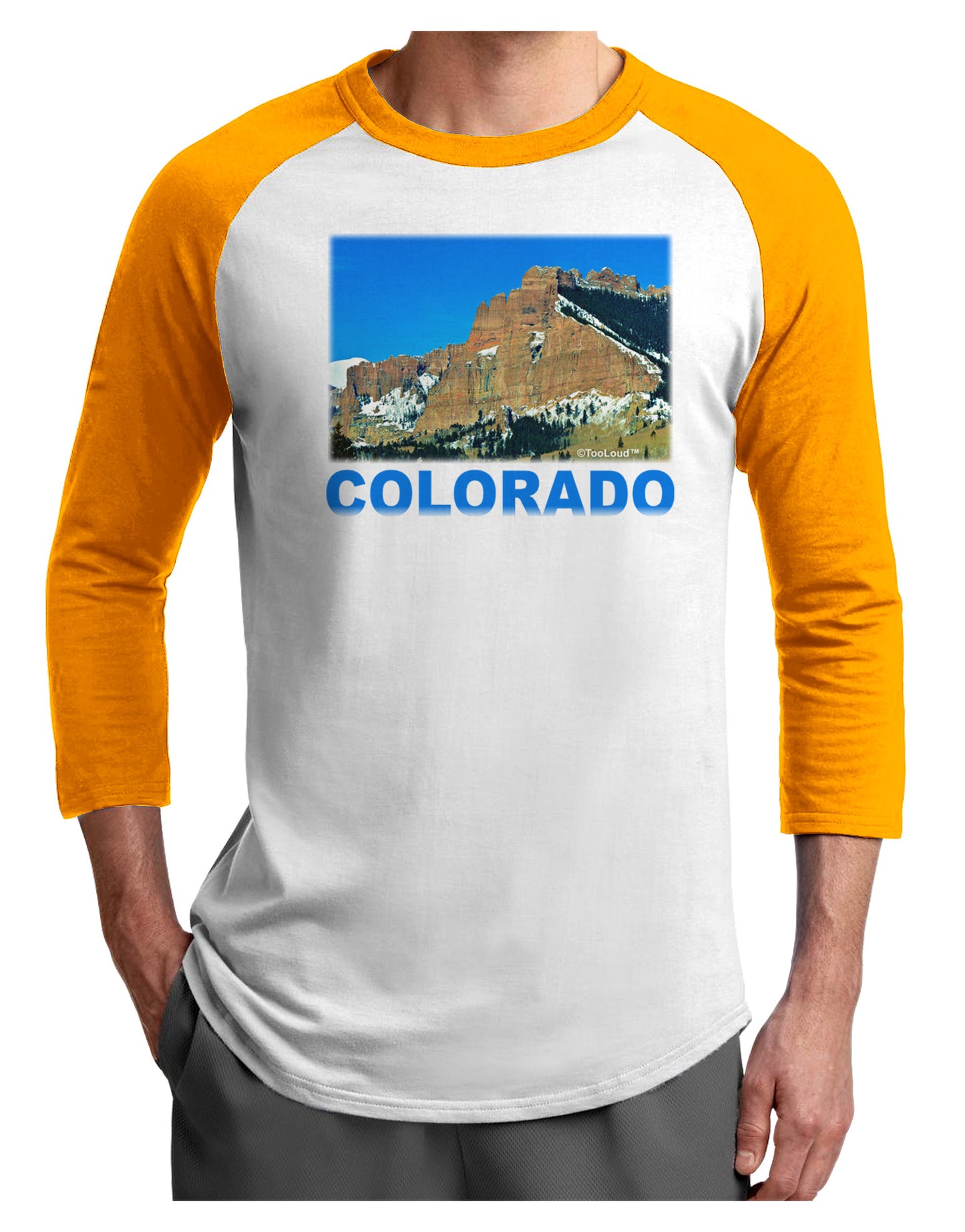 Colorado Snowy Mountains Text Adult Raglan Shirt-Raglan Shirt-TooLoud-White-Gold-X-Small-Davson Sales