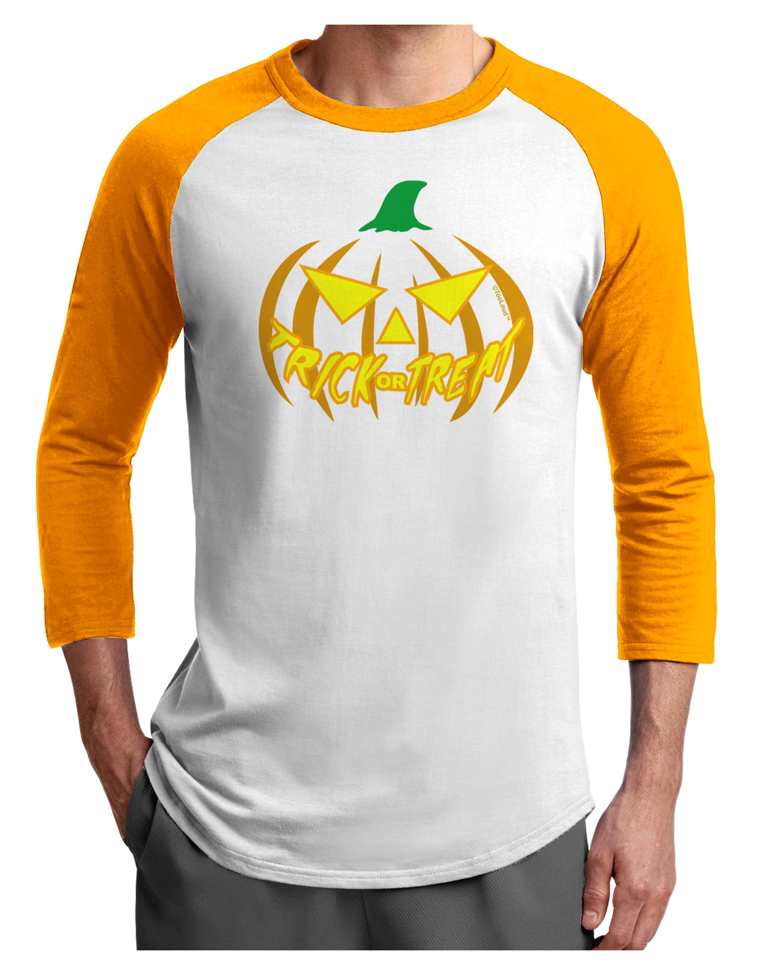 Trick or Treat Jack Yellow Adult Raglan Shirt-Raglan Shirt-TooLoud-White-Gold-X-Small-Davson Sales