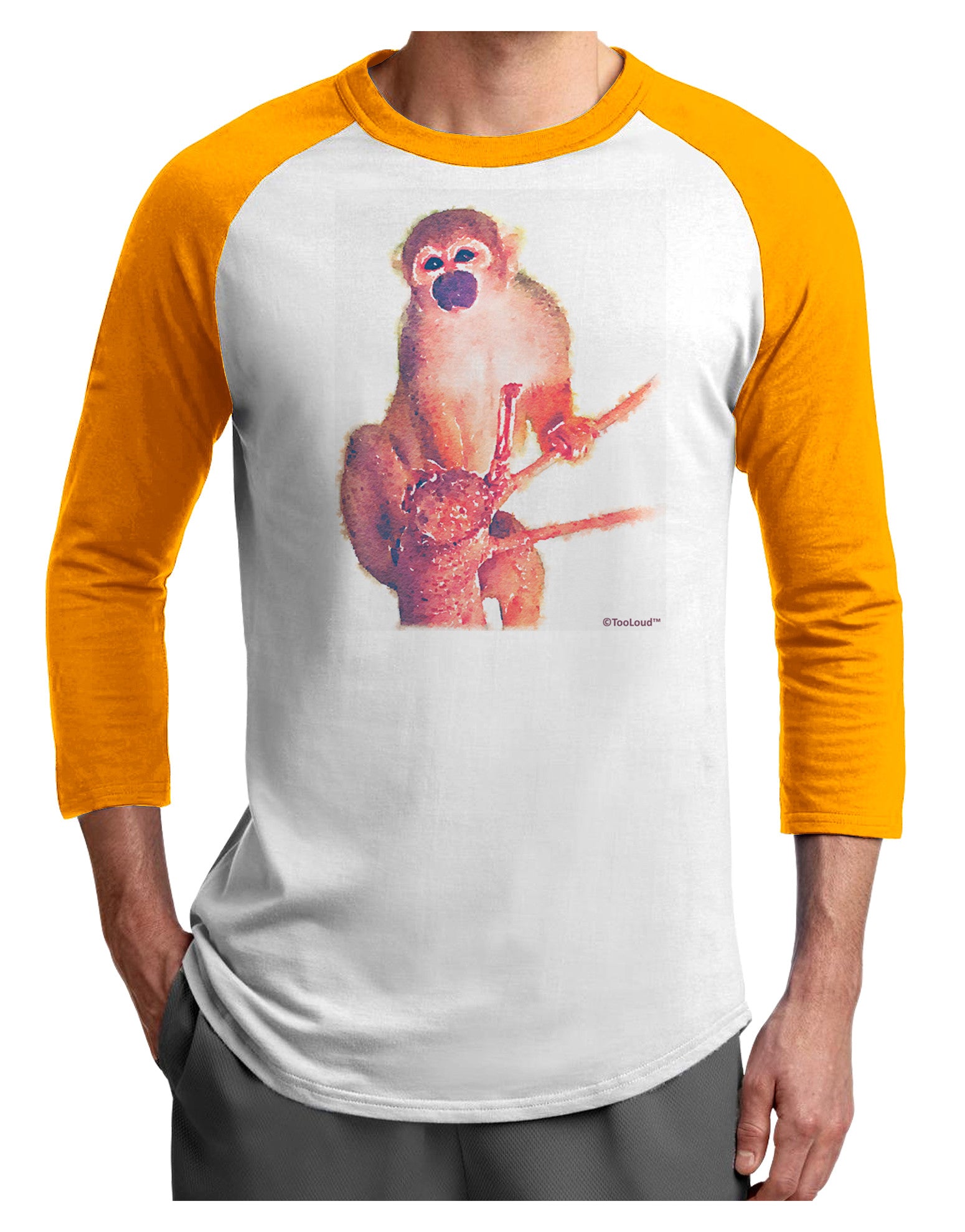 Monkey in Tree Watercolor Adult Raglan Shirt-TooLoud-White-Gold-X-Small-Davson Sales