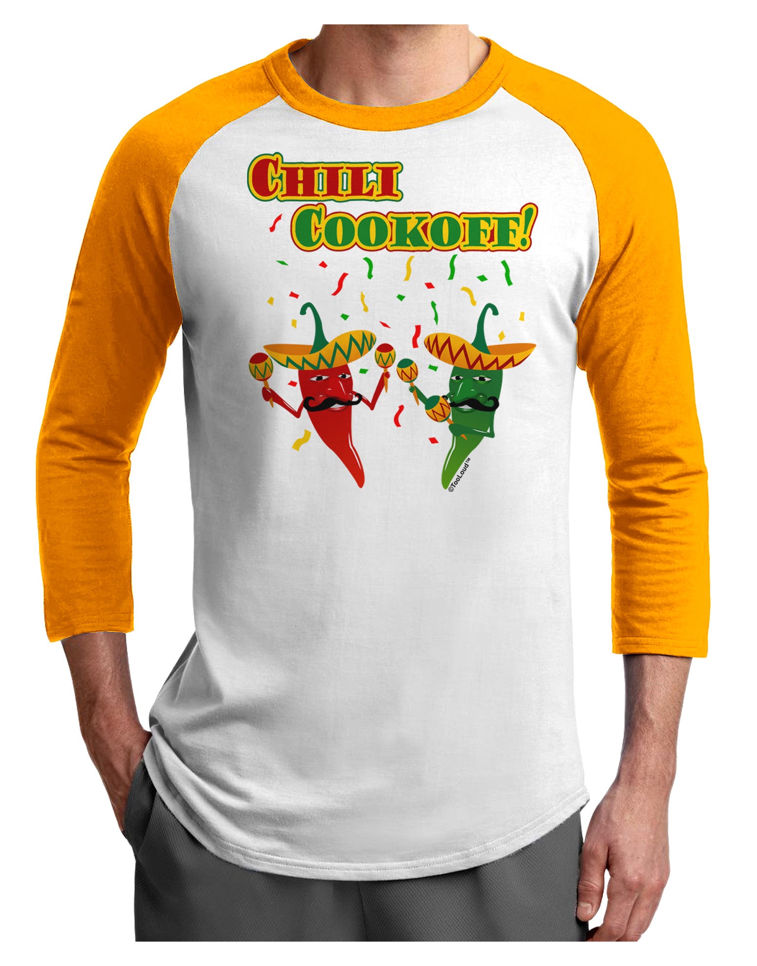 Chili Cookoff! Chile Peppers Adult Raglan Shirt-TooLoud-White-Gold-X-Small-Davson Sales