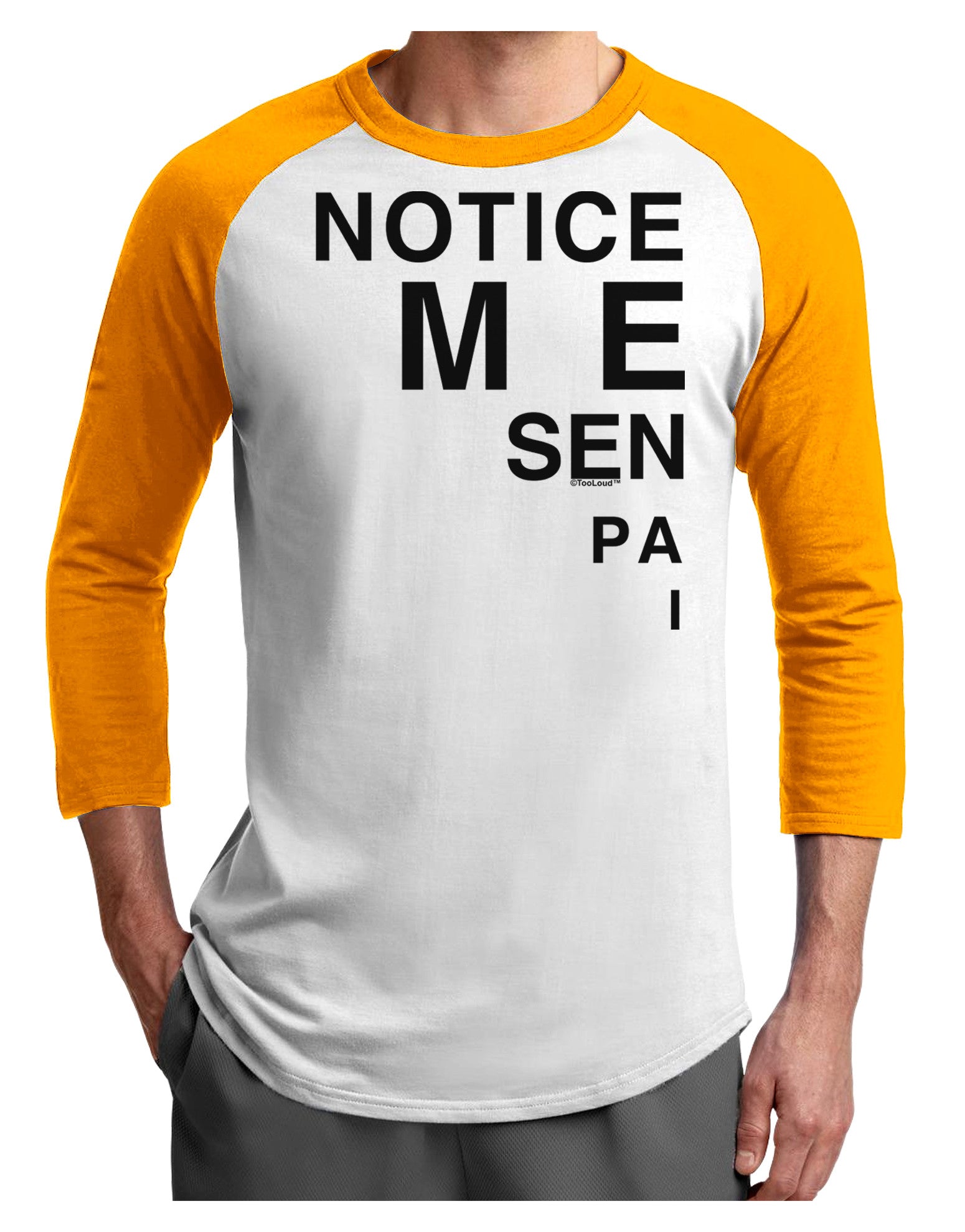 Notice Me Senpai Triangle Text Adult Raglan Shirt-Raglan Shirt-TooLoud-White-Gold-X-Small-Davson Sales
