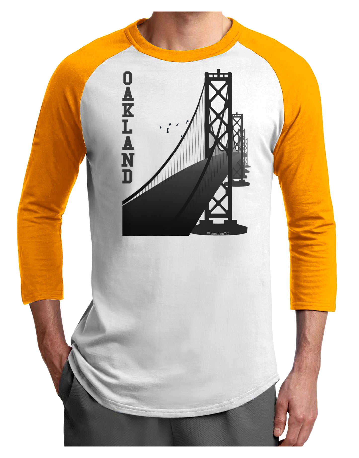 Oakland Text Bay Bridge Adult Raglan Shirt-Raglan Shirt-TooLoud-White-Gold-X-Small-Davson Sales