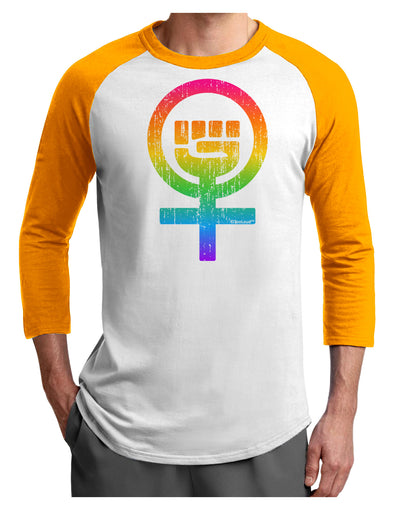 Rainbow Distressed Feminism Symbol Adult Raglan Shirt-TooLoud-White-Gold-X-Small-Davson Sales