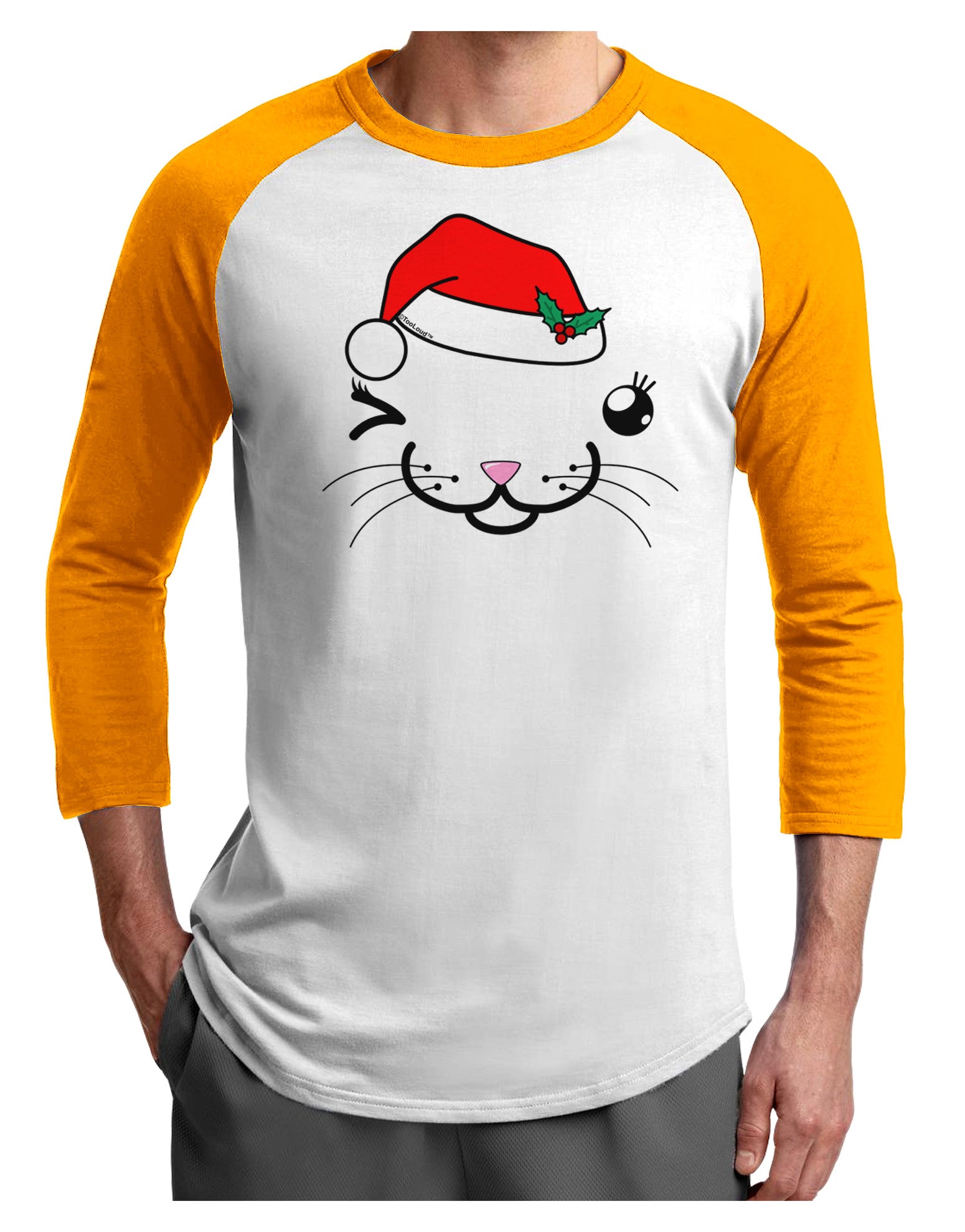 Kyu-T Face Kattia Santa Hat Girl Cat Adult Raglan Shirt-TooLoud-White-Gold-X-Small-Davson Sales