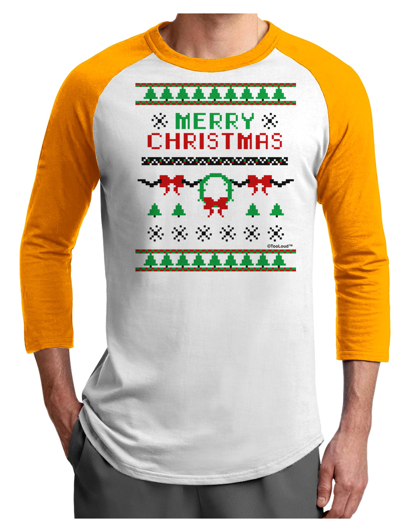 Merry Christmas Ugly Christmas Sweater Adult Raglan Shirt-Raglan Shirt-TooLoud-White-Gold-X-Small-Davson Sales
