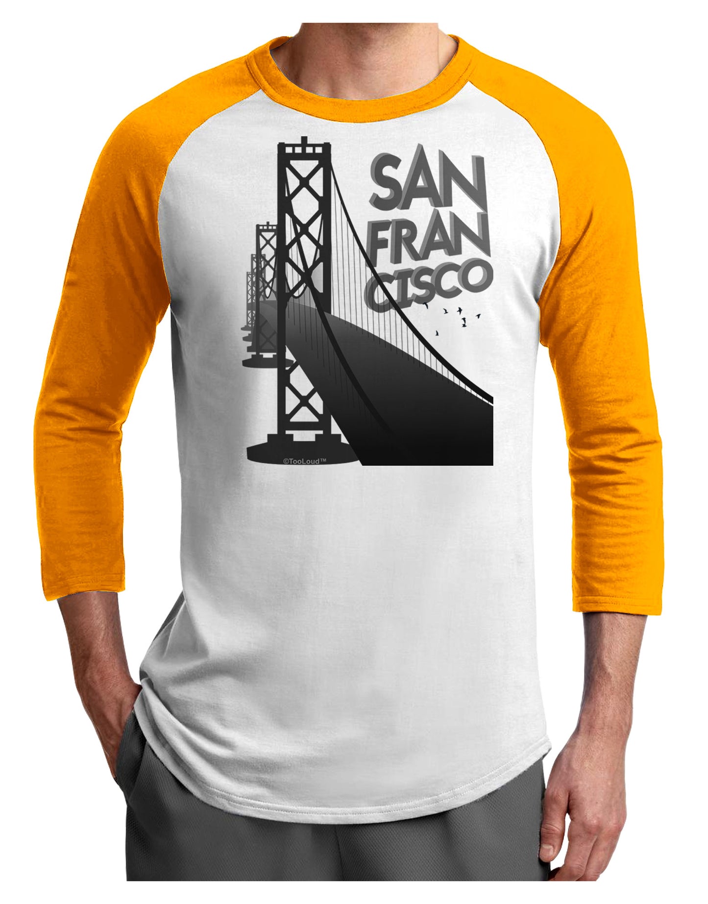 San Francisco Text Bay Bridge Adult Raglan Shirt-Raglan Shirt-TooLoud-White-Gold-X-Small-Davson Sales