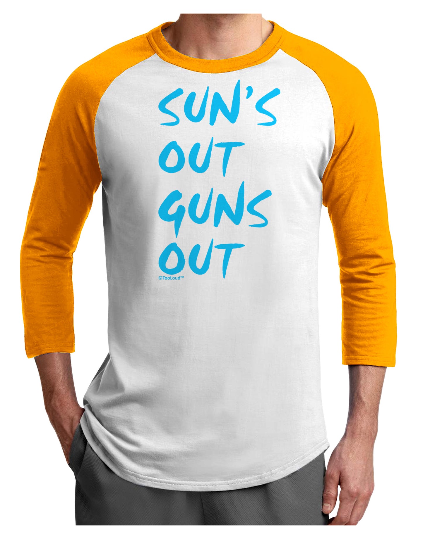 Suns Out Guns Out - Blue Adult Raglan Shirt-TooLoud-White-Gold-X-Small-Davson Sales