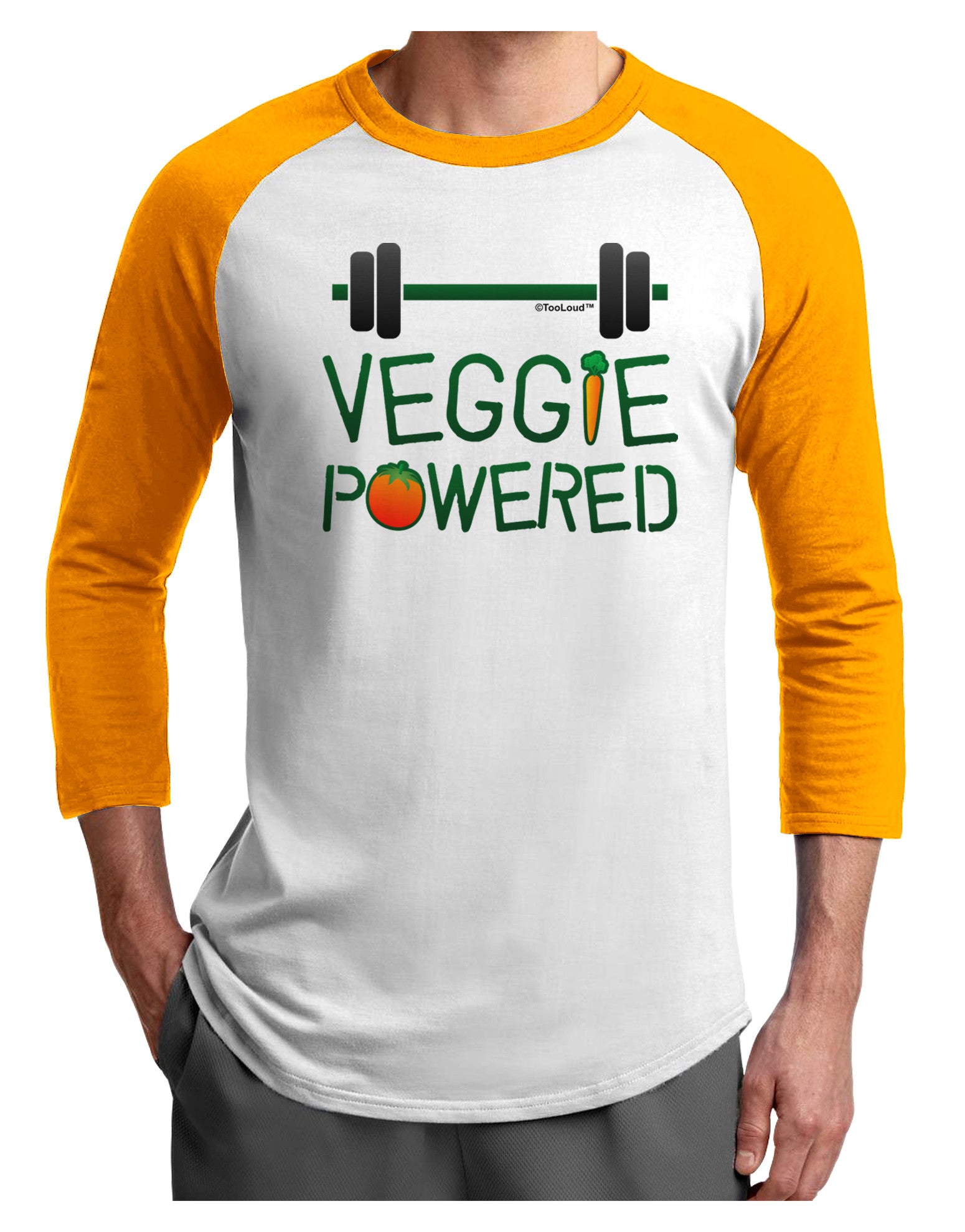 TooLoud Veggie Powered Adult Raglan Shirt-TooLoud-White-Gold-X-Small-Davson Sales