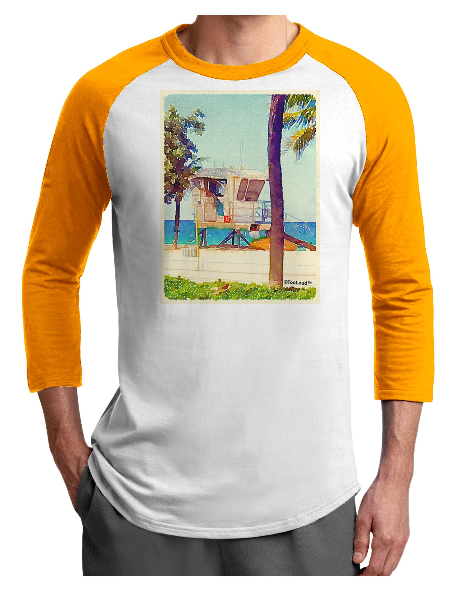 Lifeguard Station Watercolor Adult Raglan Shirt-TooLoud-White-Gold-X-Small-Davson Sales
