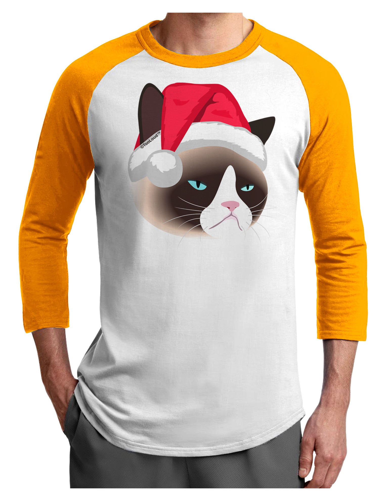 Santa Hat Disgruntled Siamese Cat Adult Raglan Shirt by-Raglan Shirt-TooLoud-White-Gold-X-Small-Davson Sales